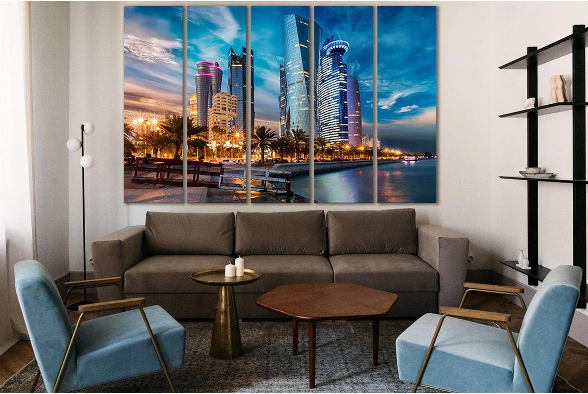 Evening Houses Skyscrapers Qatar №SL1456 Ready to Hang Canvas Print - Zellart Canvas Prints 0new, ALL_Products, CITYSCAPES & SKYLINES