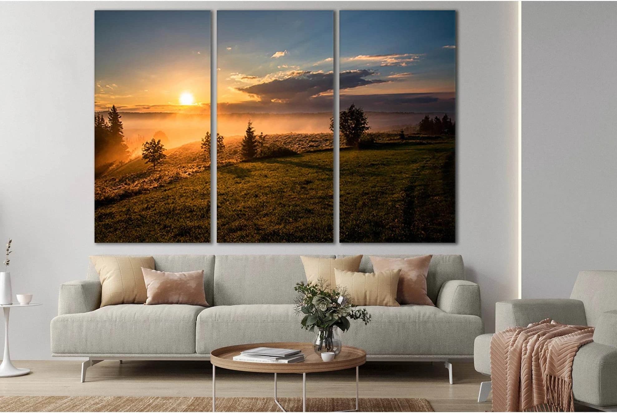 Field And Trees At Sunset №SL262 Ready to Hang Canvas Print - Zellart Canvas Prints 0new, ALL_Products, SUNRISE & SUNSET WALL ART