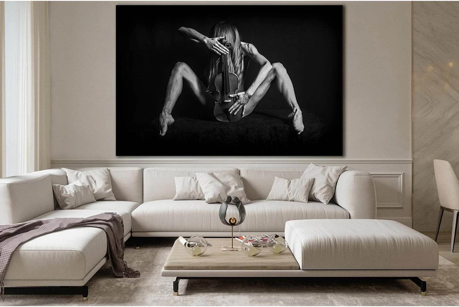 Girl And Violin Black End White №SL868 Ready to Hang Canvas Print - Zellart Canvas Prints 0new, ALL_Products, Black & White Wall Art