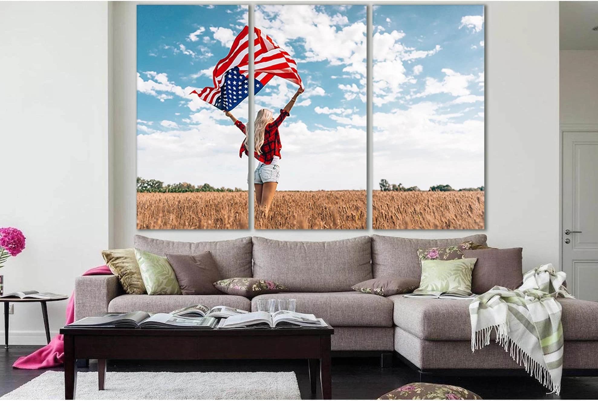 Girl In Field With USA Flag №SL1176 Ready to Hang Canvas Print - Zellart Canvas Prints 0new, ALL_Products, Flags