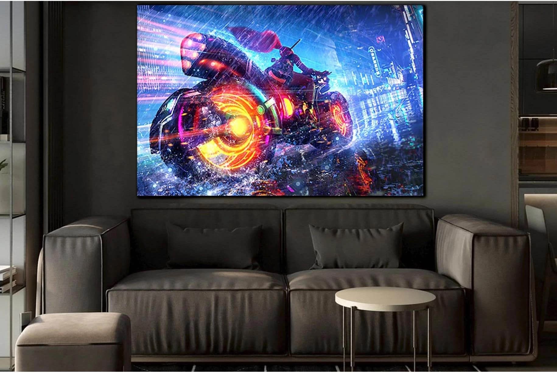 Girl Rides Technological Motorcycle №SL1236 Ready to Hang Canvas Print - Zellart Canvas Prints 0new, ALL_Products, Fantasy And Sci Fi Wall Art