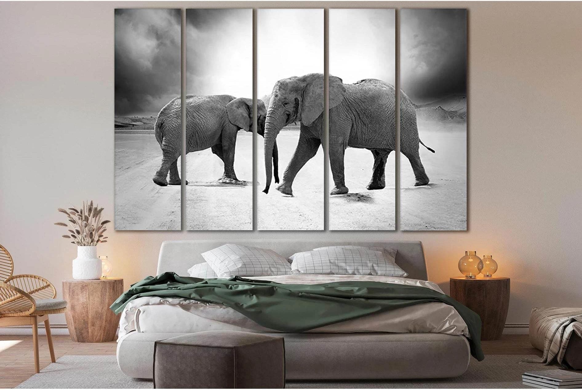 Grayscale Photo Of Two Elephants №SL884 Ready to Hang Canvas Print - Zellart Canvas Prints 0new, ALL_Products, Black & White Wall Art, Elephant