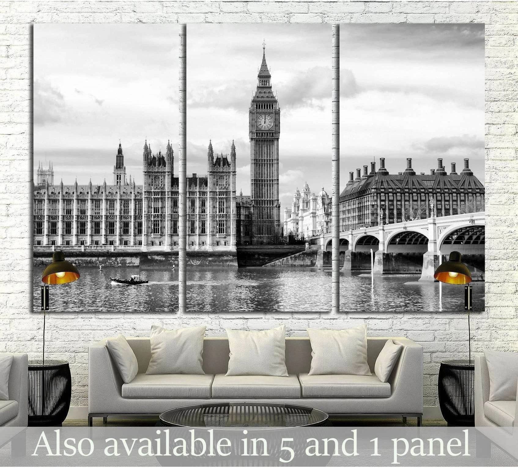 Black and white London canvas print with Big Ben, Westminster Bridge, and Parliament triptych