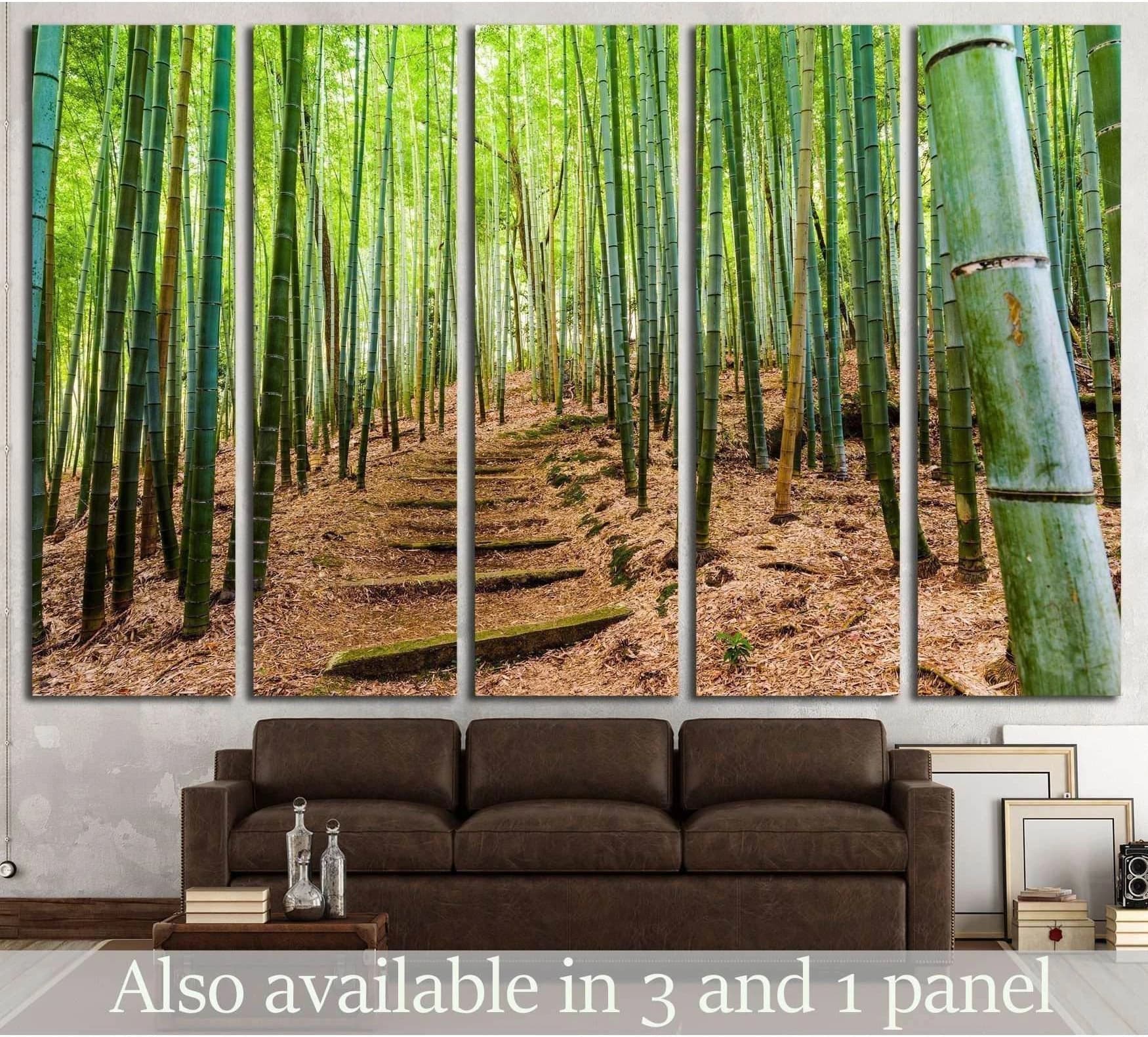 Kyoto bamboo forest canvas print in 5-panel layout above a sofa in a modern living room