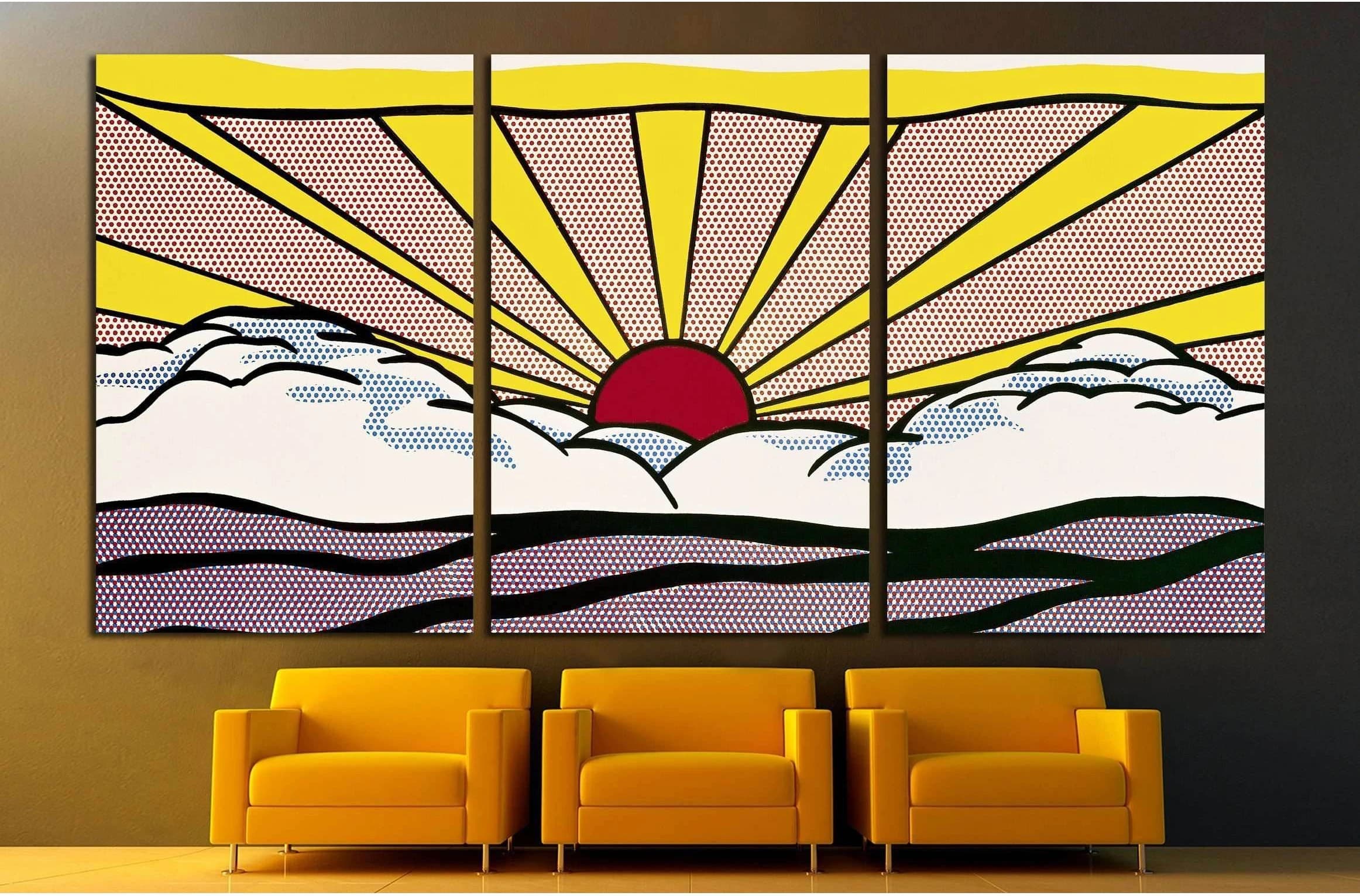 A pop art style landscape of a red sun setting over a field of white and grey clouds., product view 2