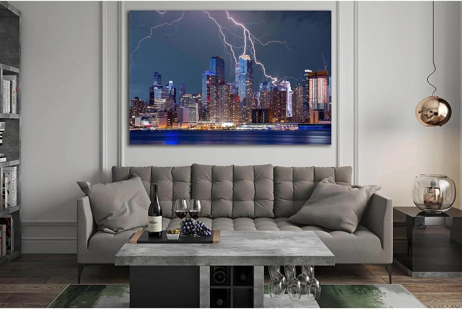 Lightning Over City At Night №SL321 Ready to Hang Canvas Print - Zellart Canvas Prints 0new, ALL_Products, Cityscapes & Skylines
