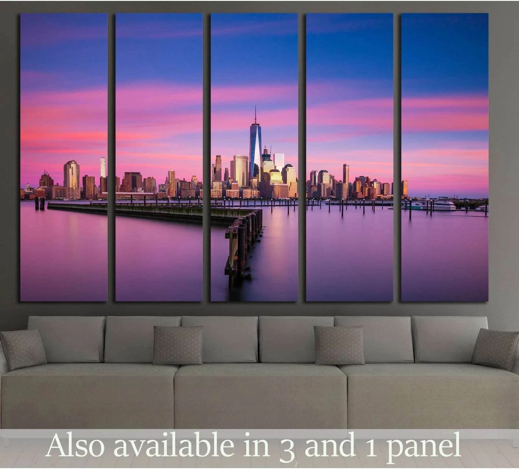 Lower Manhattan sunset canvas print with One World Trade Center above sofa in modern living room