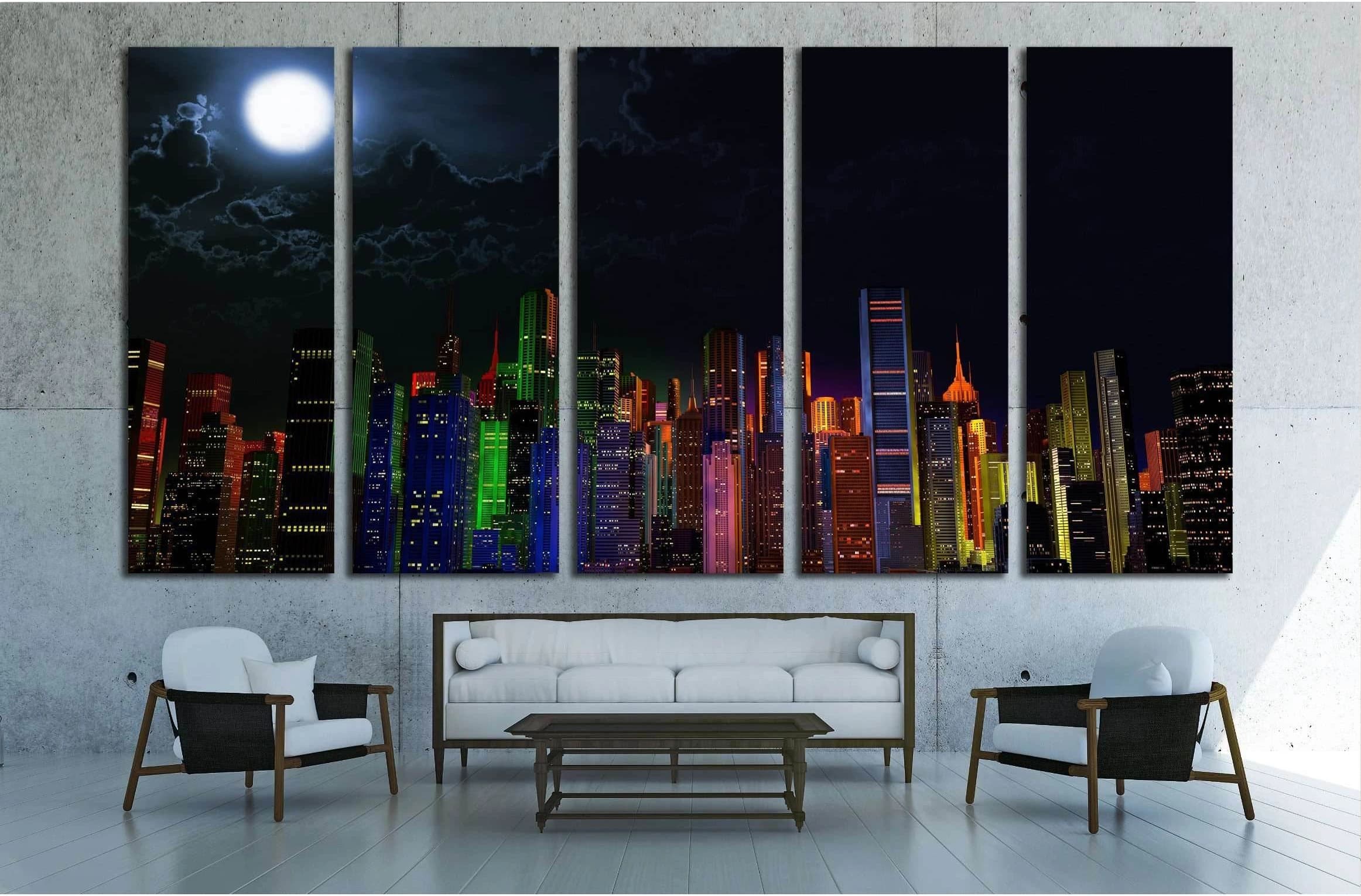 Modern City Lit by Colorful Light Effects at Night 3D Illustration №2994 Ready to Hang Canvas Print - Zellart Canvas Prints ALL_Products, s-2994