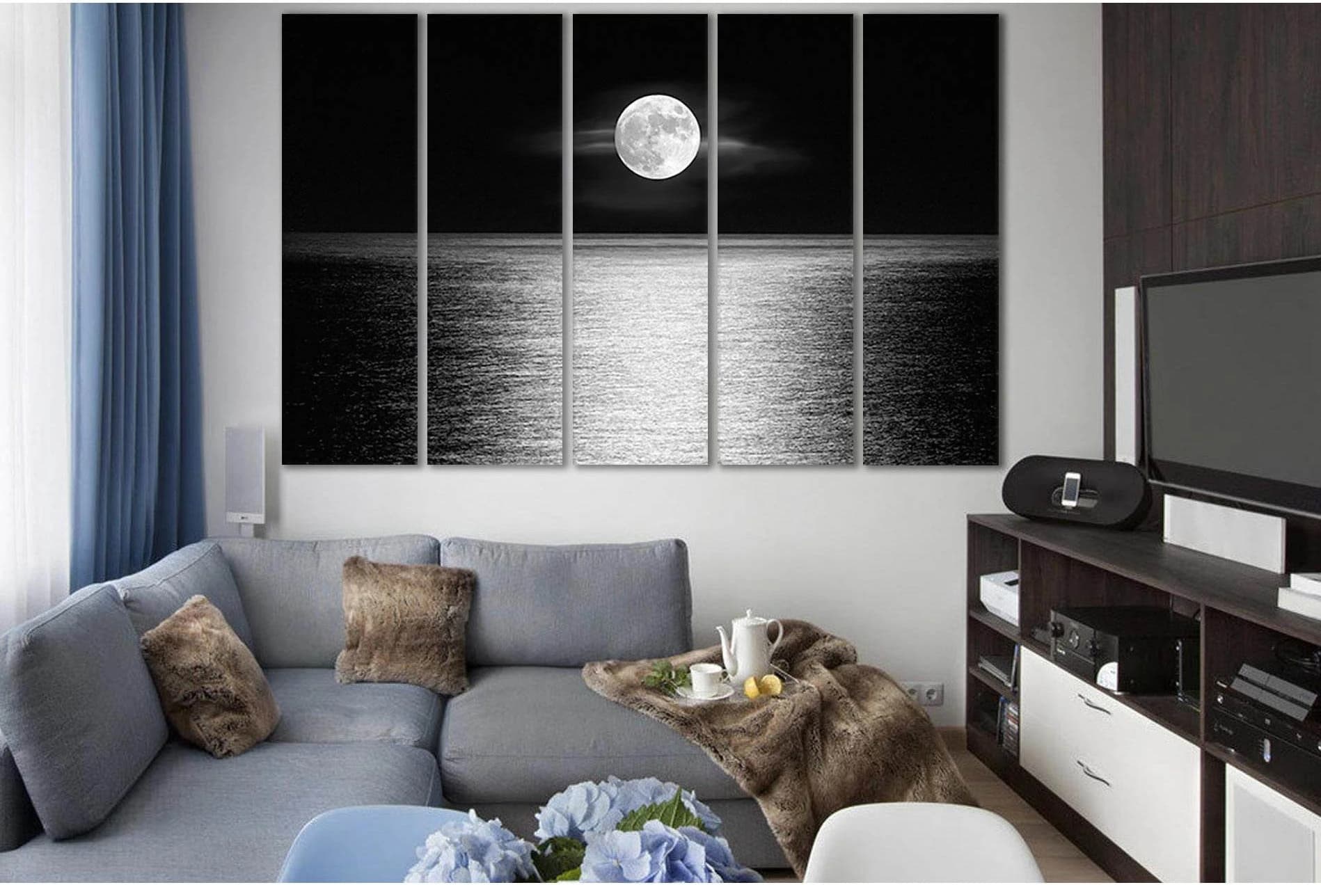 Moonlight Over The Ocean Black And White №SL856 Ready to Hang Canvas Print - Zellart Canvas Prints 0new, ALL_Products, Black & White Wall Art