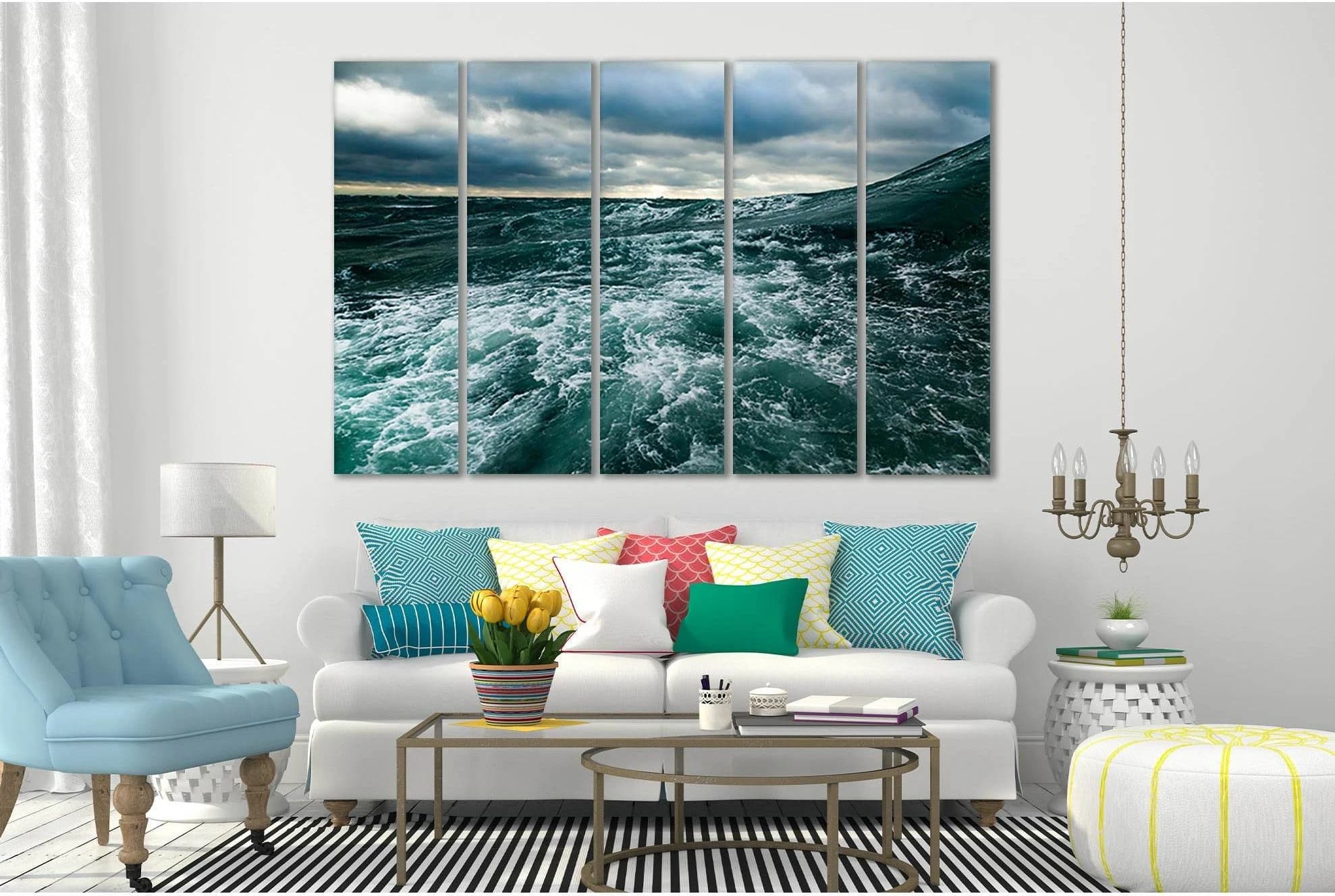 Three-panel storm ocean seascape with churning dark waves, white foam and blue-grey clouds detail view