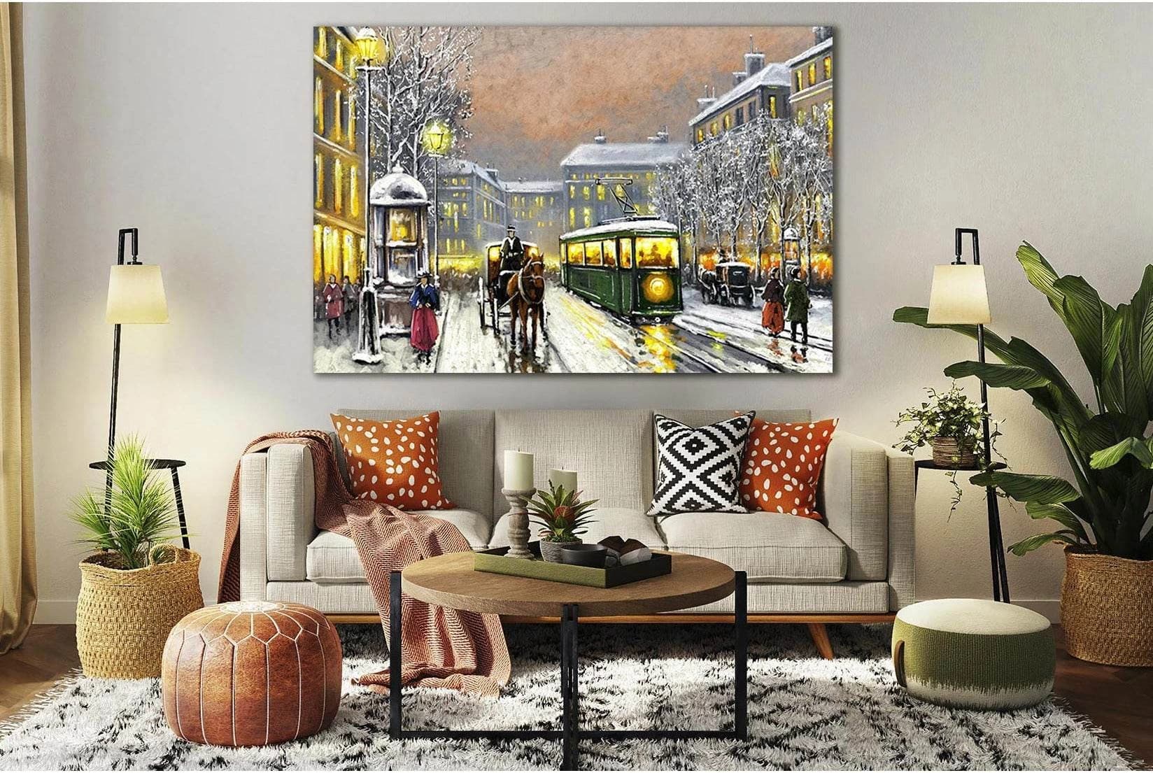 Oil Paintings Old Tram In The Street №SL591 Ready to Hang Canvas Print - Zellart Canvas Prints 0new, ALL_Products, Oil Painting Wall Art
