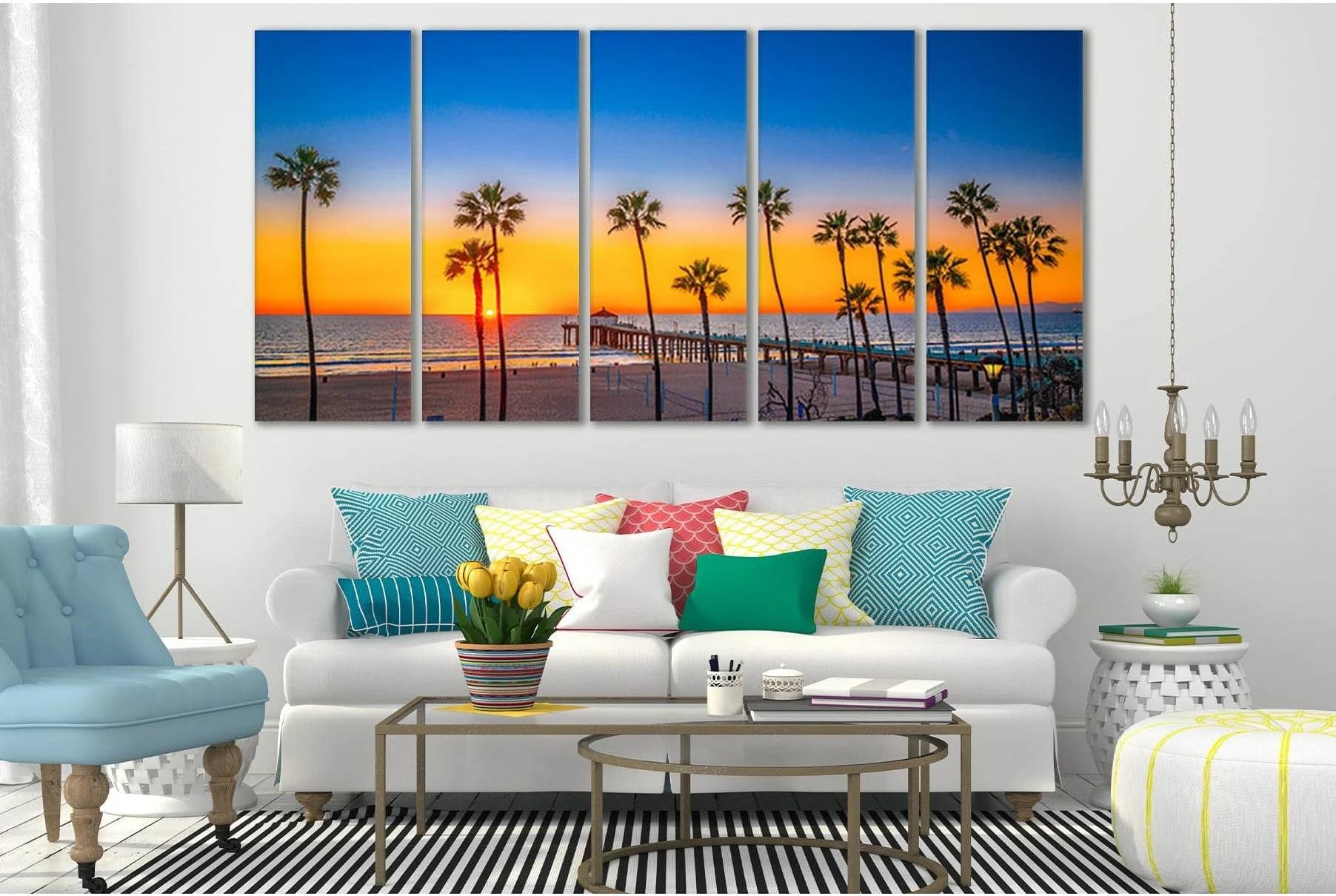 Palms Ocean Sunset Pier №SL210 Ready to Hang Canvas Print - Zellart Canvas Prints 0new, ALL_Products, Beach Ocean & Waves, SUNRISE & SUNSET WALL ART
