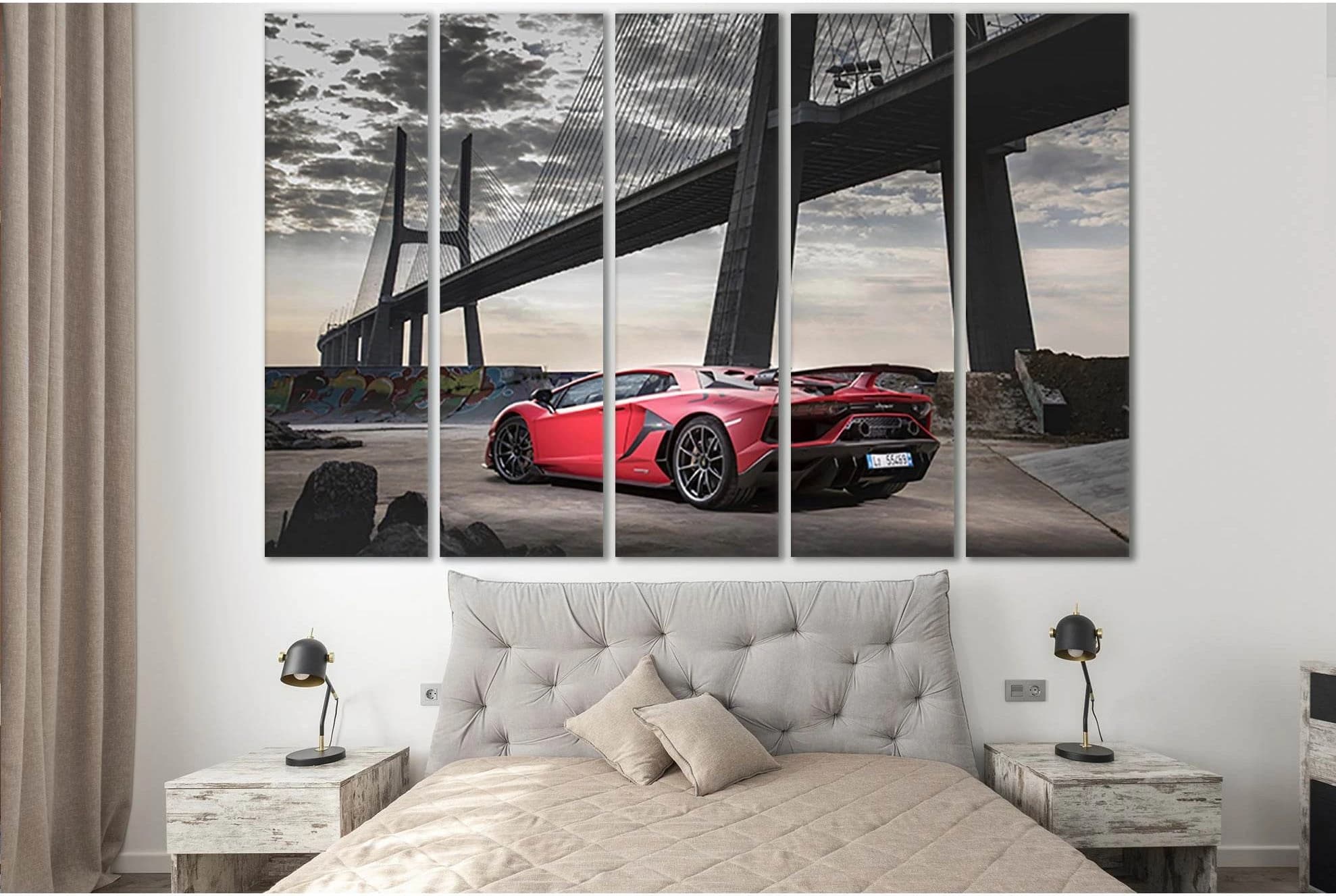 Red Sports Car Near The Bridge №SL1127 Ready to Hang Canvas Print - Zellart Canvas Prints 0new, ALL_Products, Bridges Wall Art