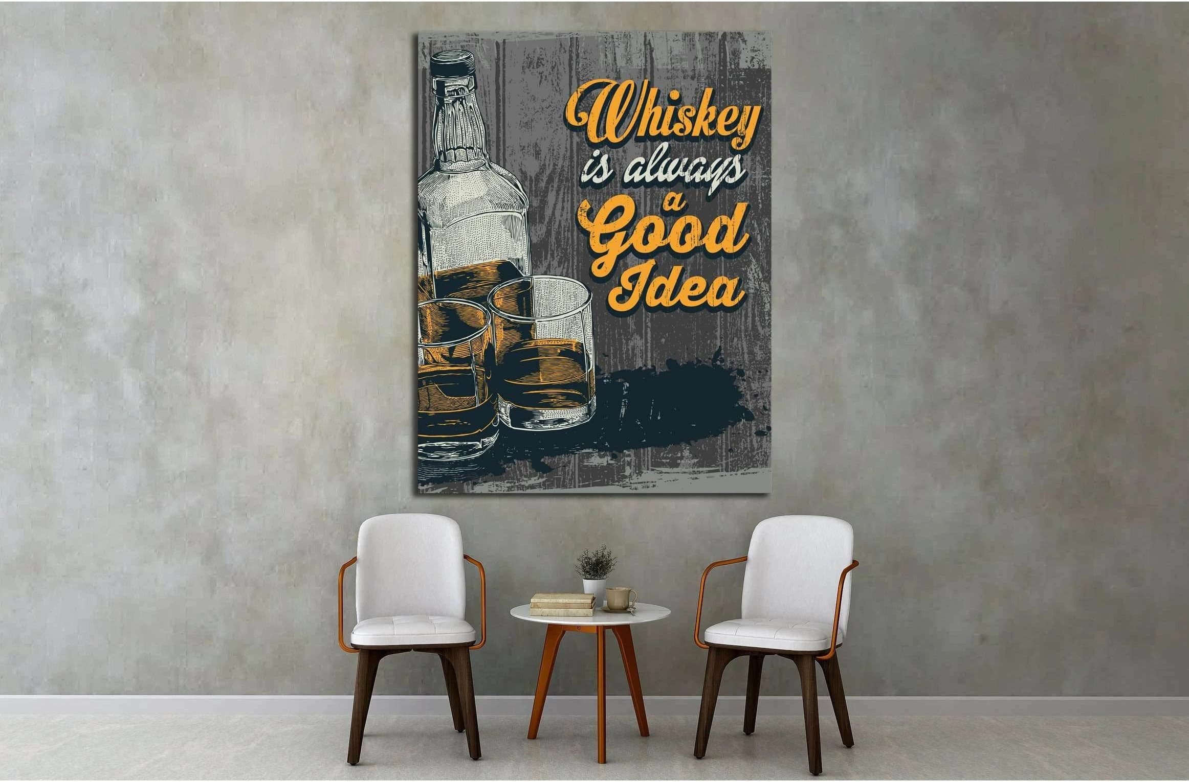Retro design Whiskey Is Always A Good Idea with whiskey in two glasses and bottle №4574 Ready to Hang Canvas Print - Zellart Canvas Prints ALL_Products, s-4574