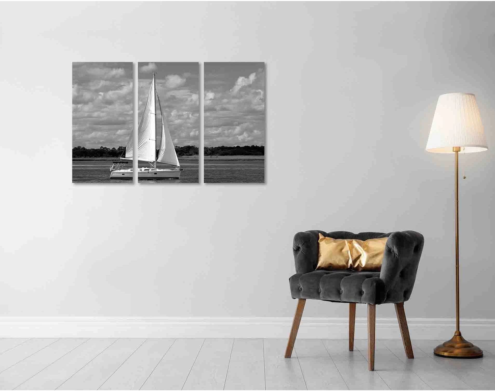 Sailing yacht on the river №D2842 Ready to Hang Canvas Print - Zellart Canvas Prints 0new, ALL_Products, Black & White Wall Art