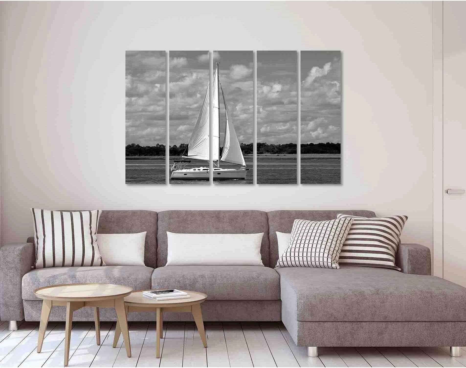 Sailing yacht on the river №D2842 Ready to Hang Canvas Print - Zellart Canvas Prints 0new, ALL_Products, Black & White Wall Art