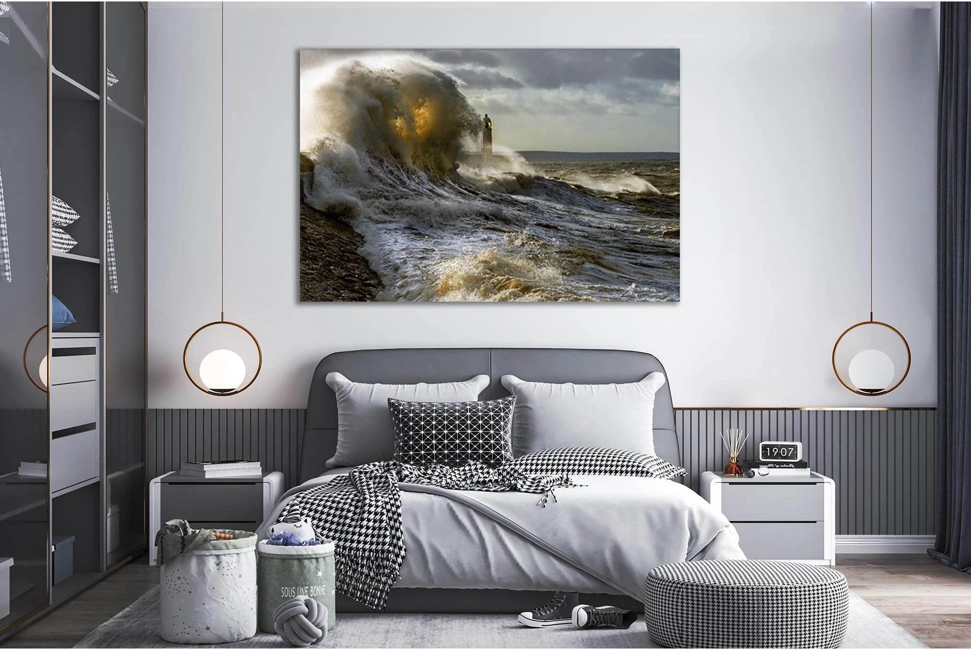 Storm Waves Lighthouse №SL97 Ready to Hang Canvas Print - Zellart Canvas Prints 0new, ALL_Products, Beach Ocean & Waves