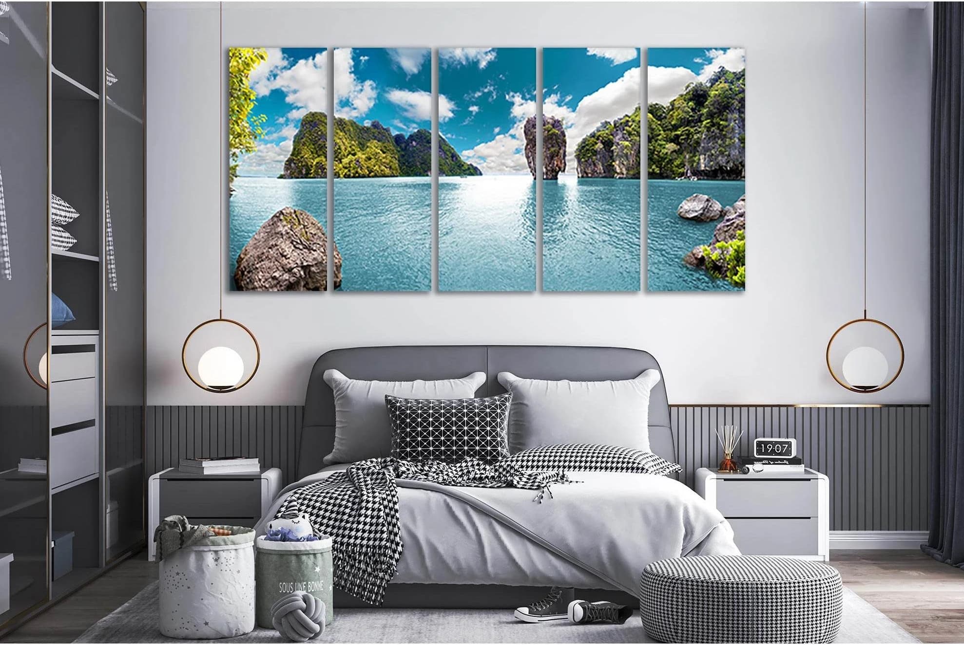 Turquoise ocean seascape with green islands, rocky cliffs and white clouds under a blue sky