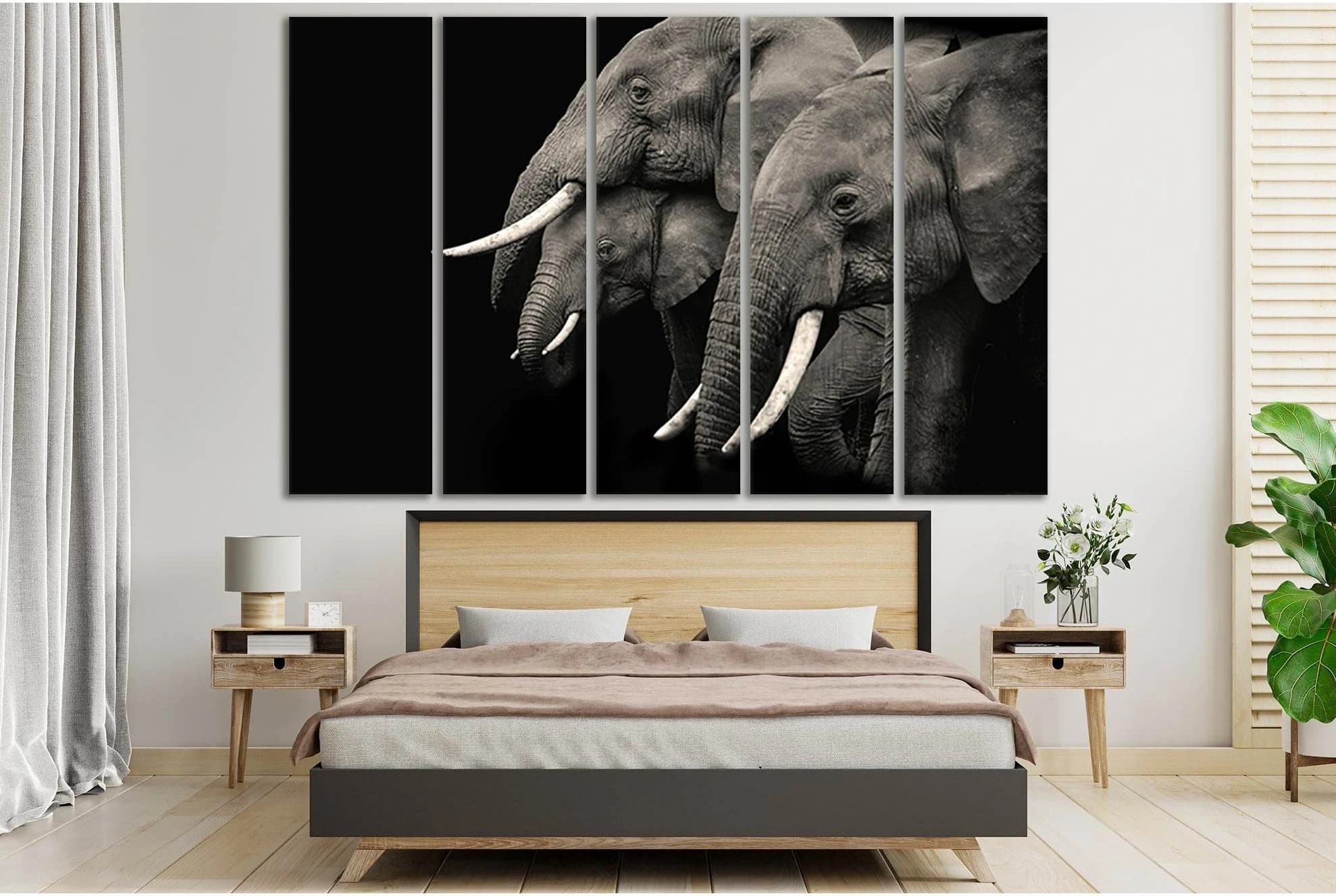 Three Elephants On Black Background №SL874 Ready to Hang Canvas Print - Zellart Canvas Prints 0new, ALL_Products, Black & White Wall Art, Elephant