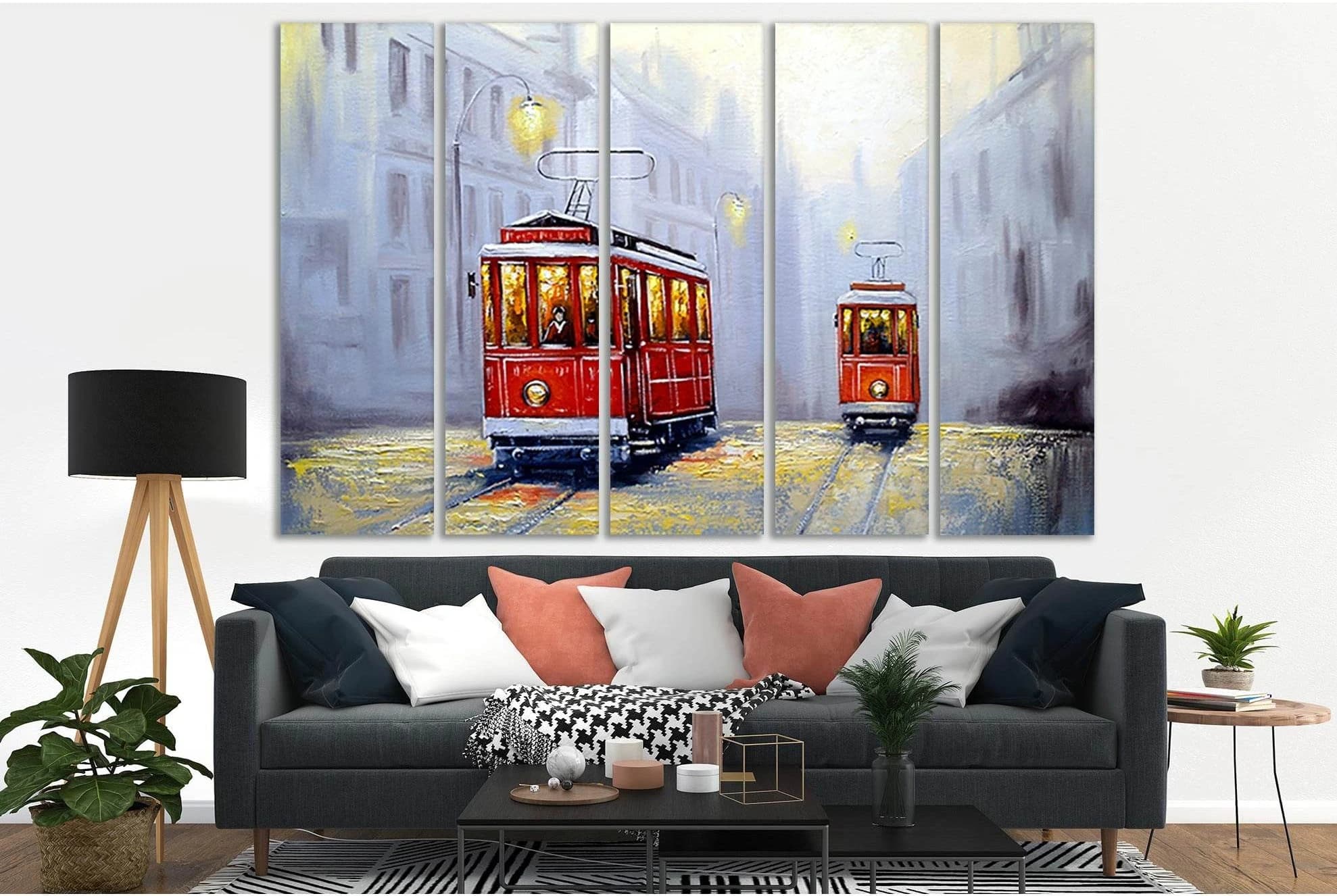 Tram In Old Town Oil Painting №SL584 Ready to Hang Canvas Print - Zellart Canvas Prints 0new, ALL_Products, Oil Painting Wall Art