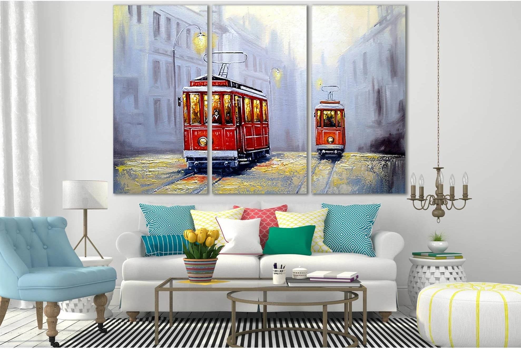 Tram In Old Town Oil Painting №SL584 Ready to Hang Canvas Print - Zellart Canvas Prints 0new, ALL_Products, Oil Painting Wall Art