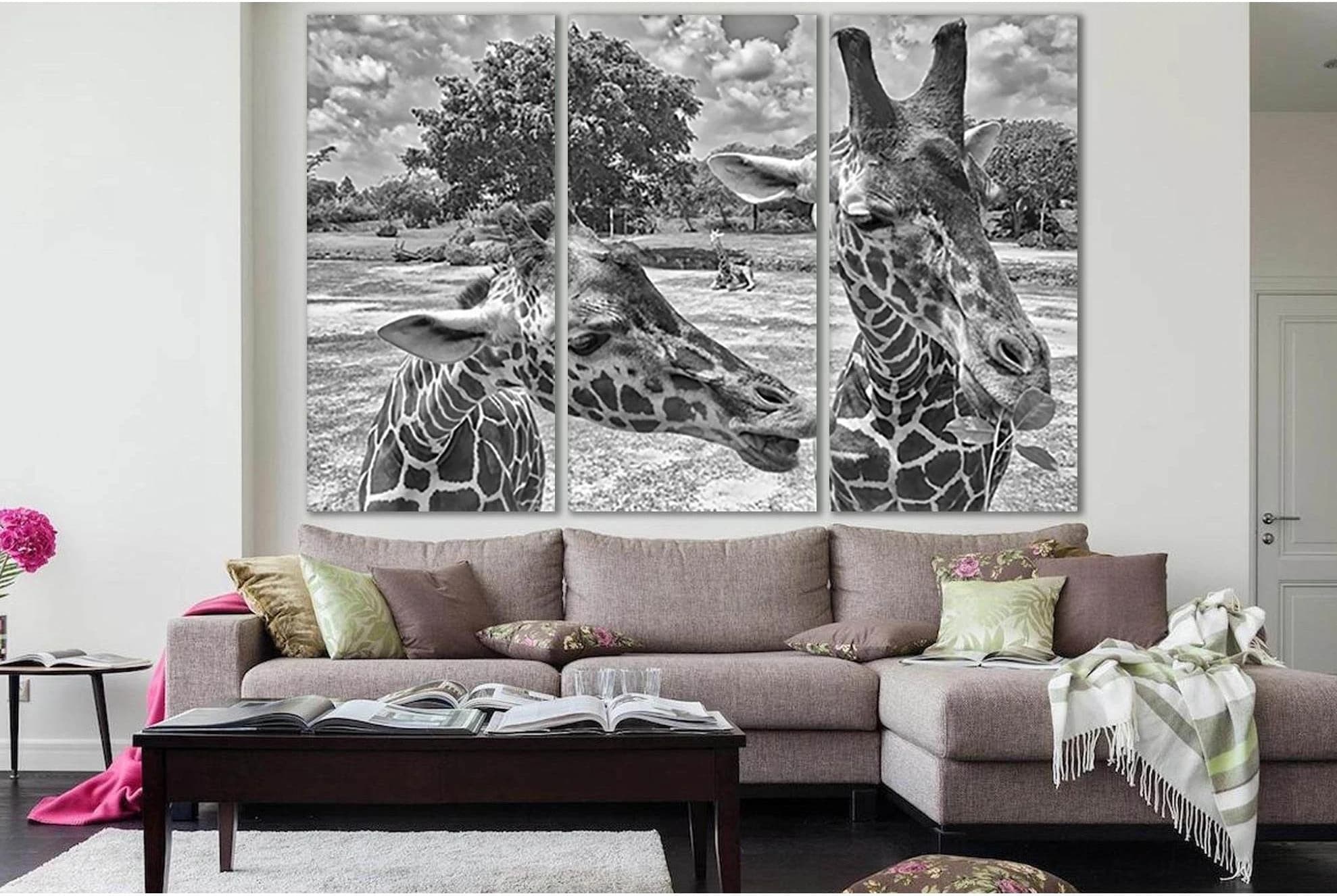 Two Beautiful Giraffes Black And White №SL882 Ready to Hang Canvas Print - Zellart Canvas Prints 0new, ALL_Products, Black & White Wall Art