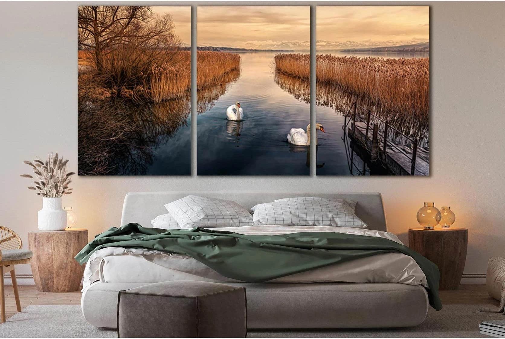 Two Swans In Autumn №SL638 Ready to Hang Canvas Print - Zellart Canvas Prints 0new, ALL_Products, Autumn Wall Art