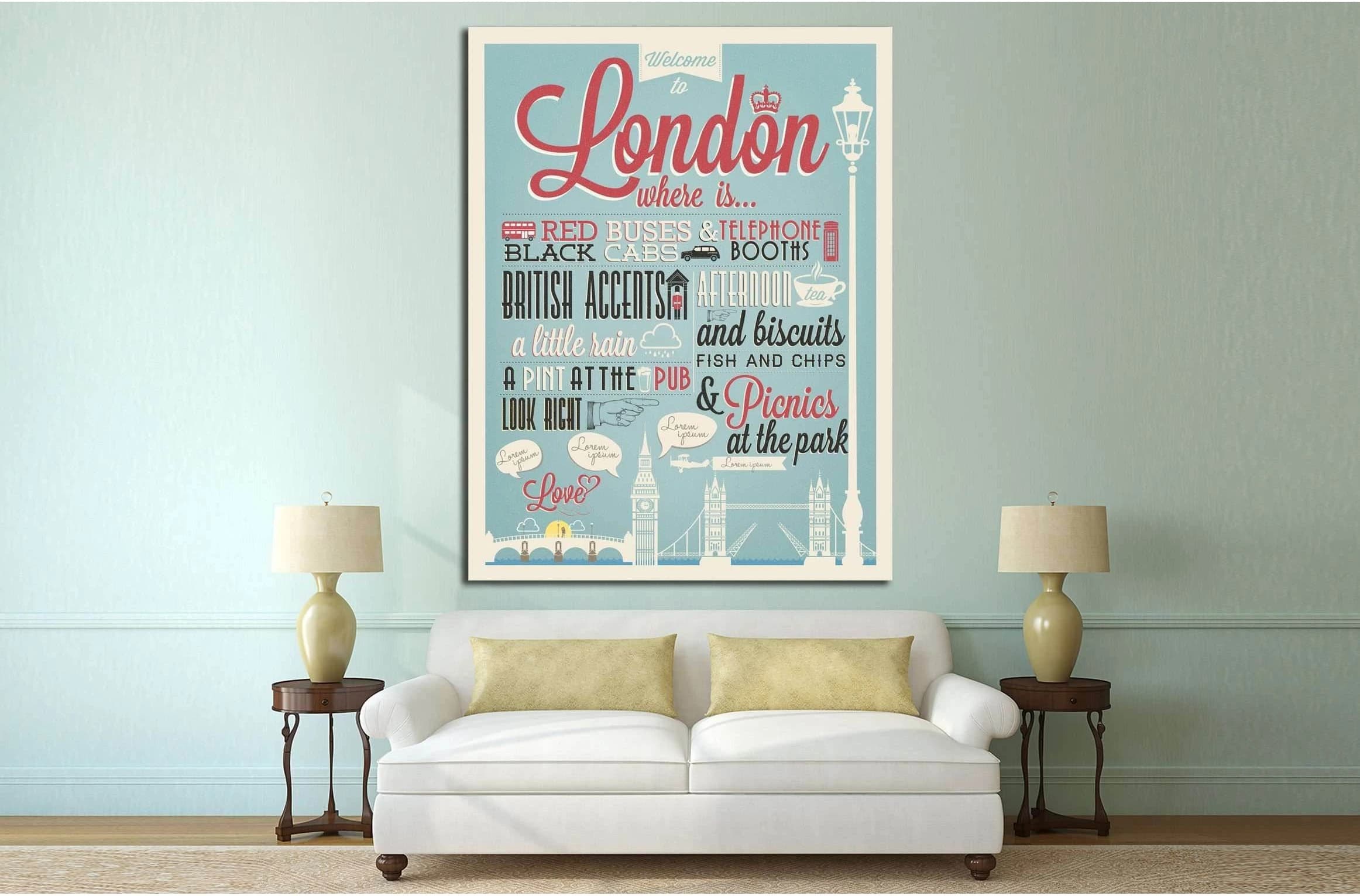 Typographical Retro Style canvas With London Symbols And Landmarks №4568 Ready to Hang Canvas Print - Zellart Canvas Prints ALL_Products, s-4568