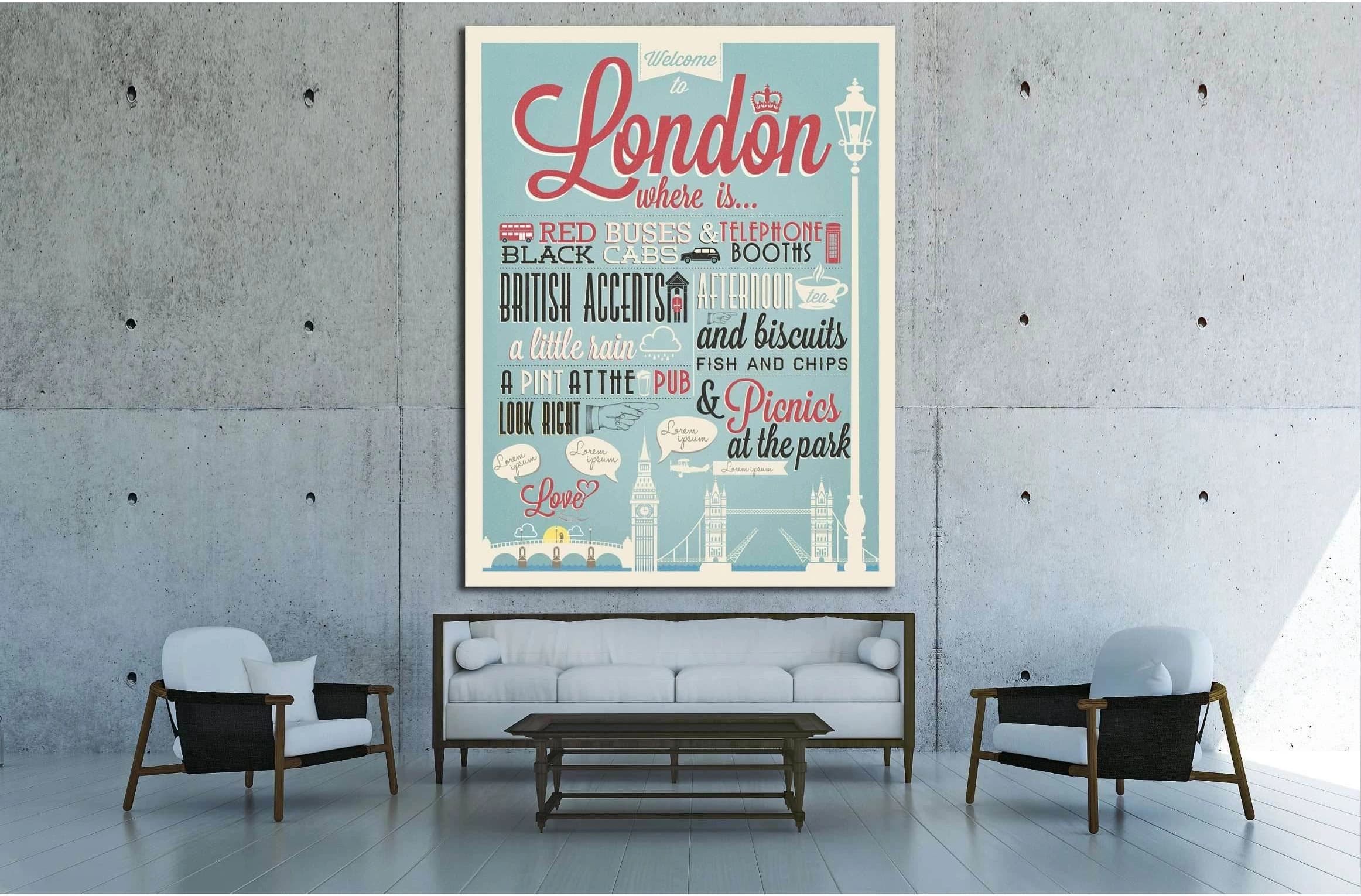 Typographical Retro Style canvas With London Symbols And Landmarks №4568 Ready to Hang Canvas Print - Zellart Canvas Prints ALL_Products, s-4568