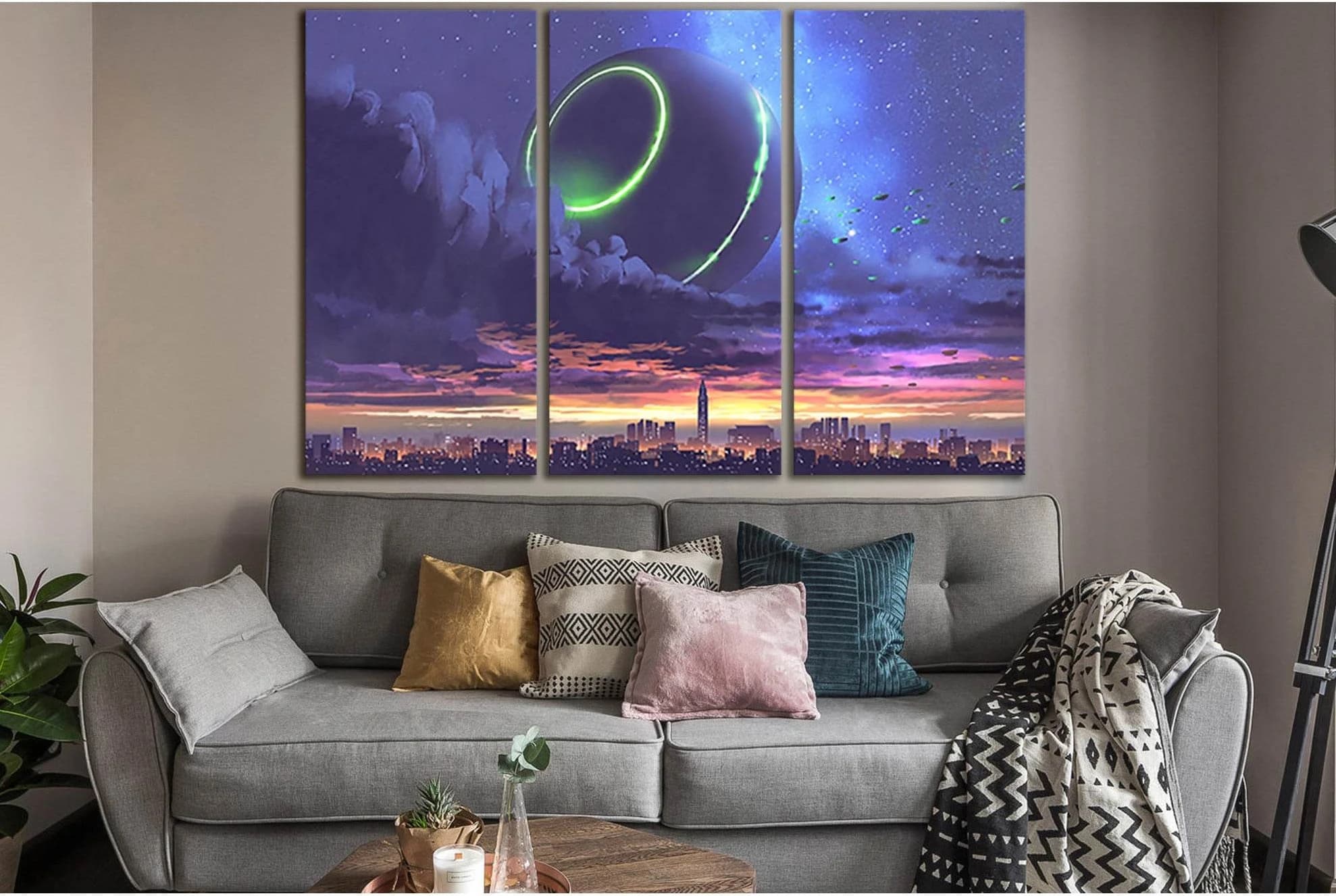 Unidentified Object Over City With Skyscrapers №SL1253 Ready to Hang Canvas Print - Zellart Canvas Prints 0new, ALL_Products, Fantasy And Sci Fi Wall Art