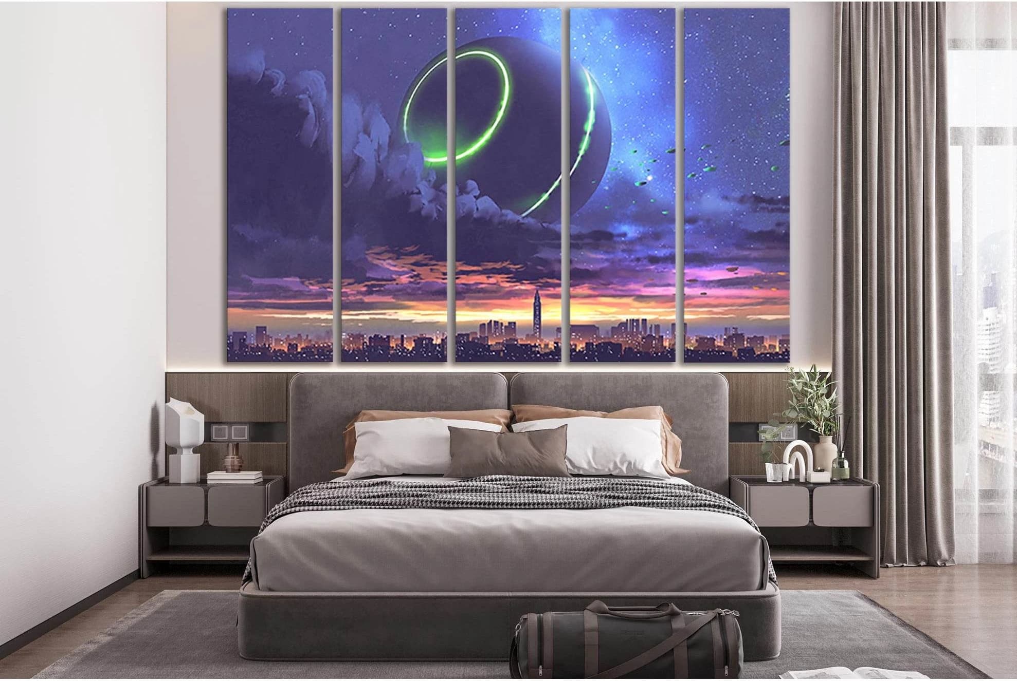 Unidentified Object Over City With Skyscrapers №SL1253 Ready to Hang Canvas Print - Zellart Canvas Prints 0new, ALL_Products, Fantasy And Sci Fi Wall Art