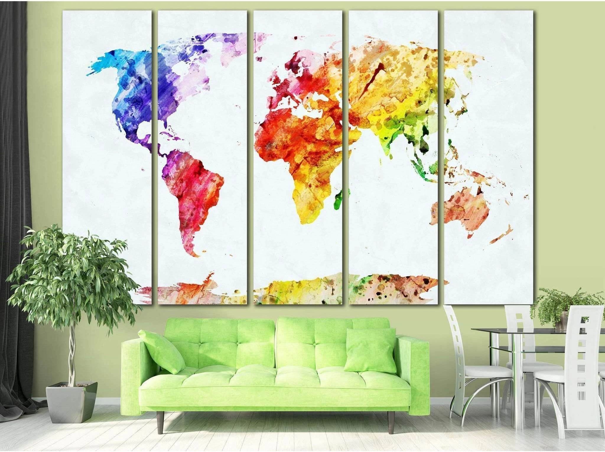 Five-panel watercolor world map with rainbow colour washes on a white background detail view
