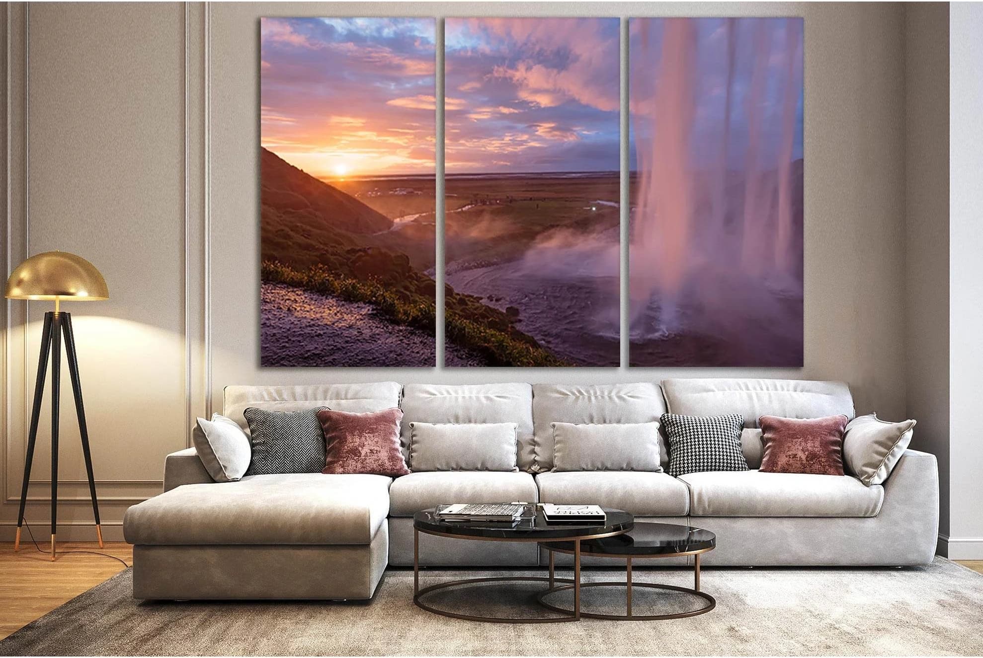 Waterfall During Sunset №SL266 Ready to Hang Canvas Print - Zellart Canvas Prints 0new, ALL_Products, SUNRISE & SUNSET WALL ART, Waterfall