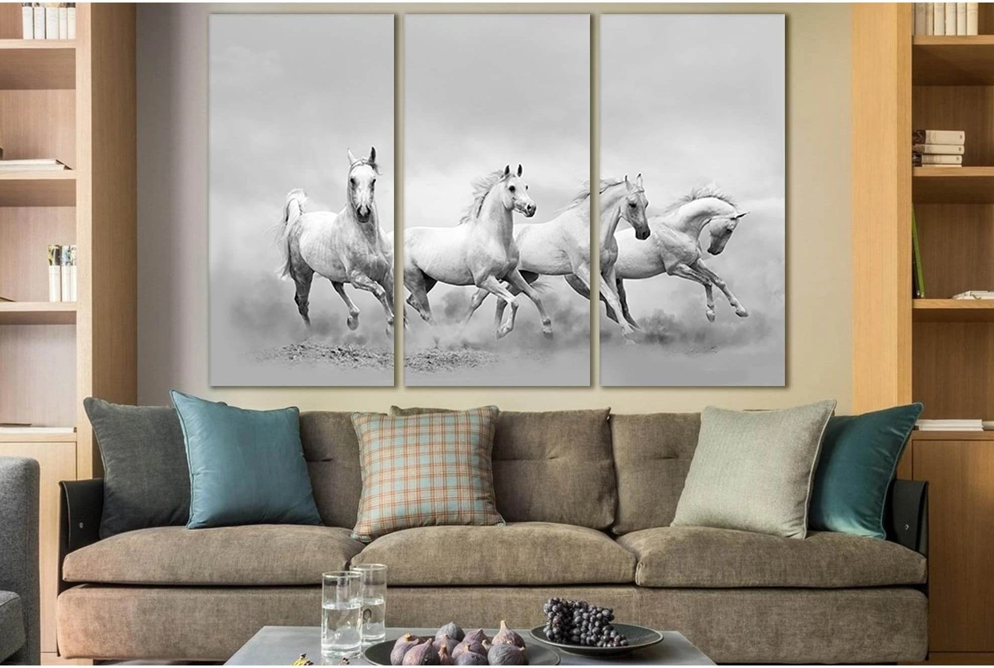 White Horses Running Wild №SL888 Ready to Hang Canvas Print - Zellart Canvas Prints 0new, ALL_Products, Black & White Wall Art, Horses