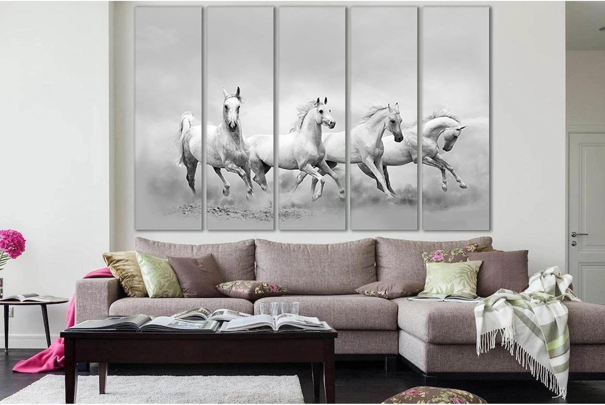 White Horses Running Wild №SL888 Ready to Hang Canvas Print - Zellart Canvas Prints 0new, ALL_Products, Black & White Wall Art, Horses