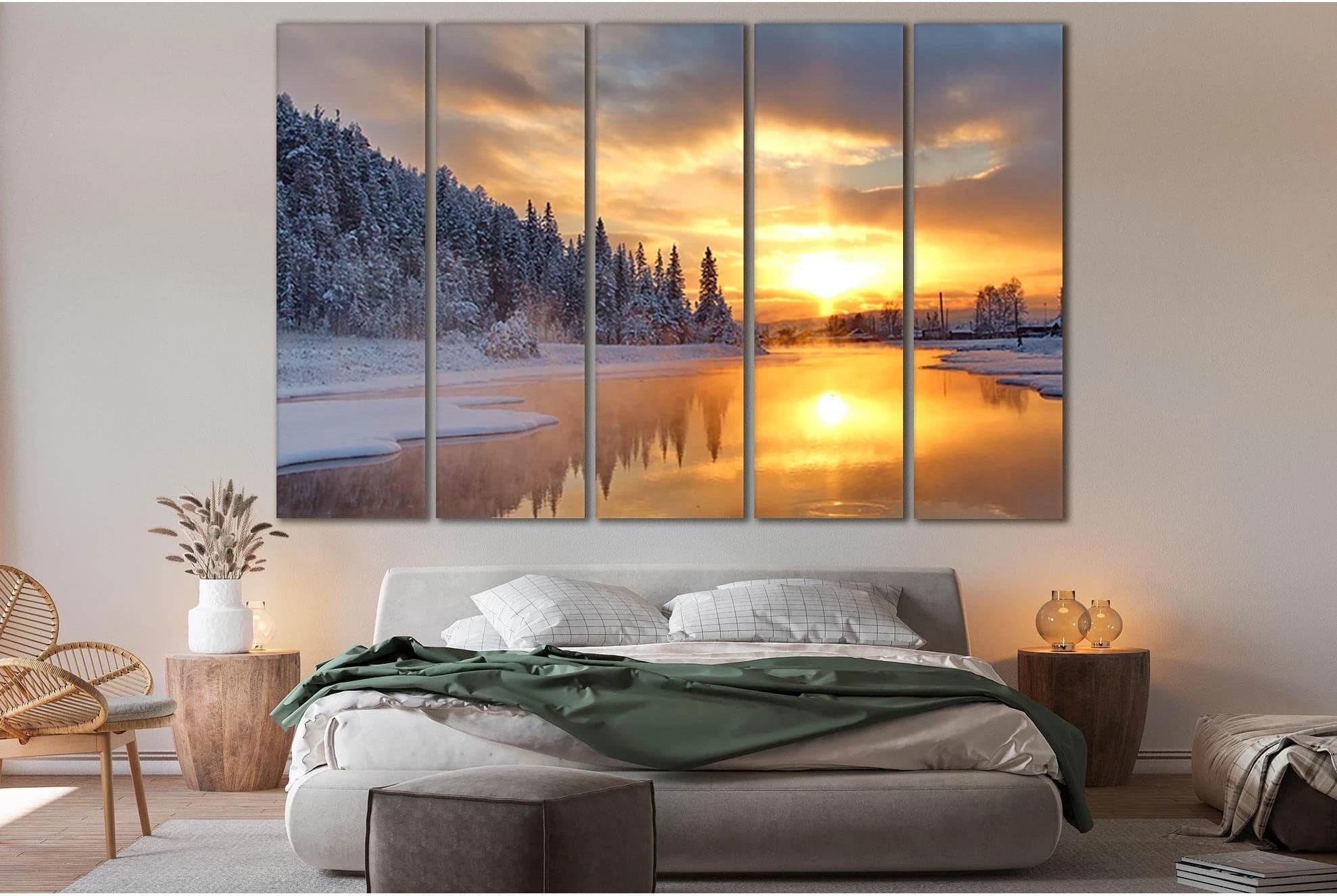 Winter River At Sunset №SL294 Ready to Hang Canvas Print - Zellart Canvas Prints 0new, ALL_Products, SUNRISE & SUNSET WALL ART