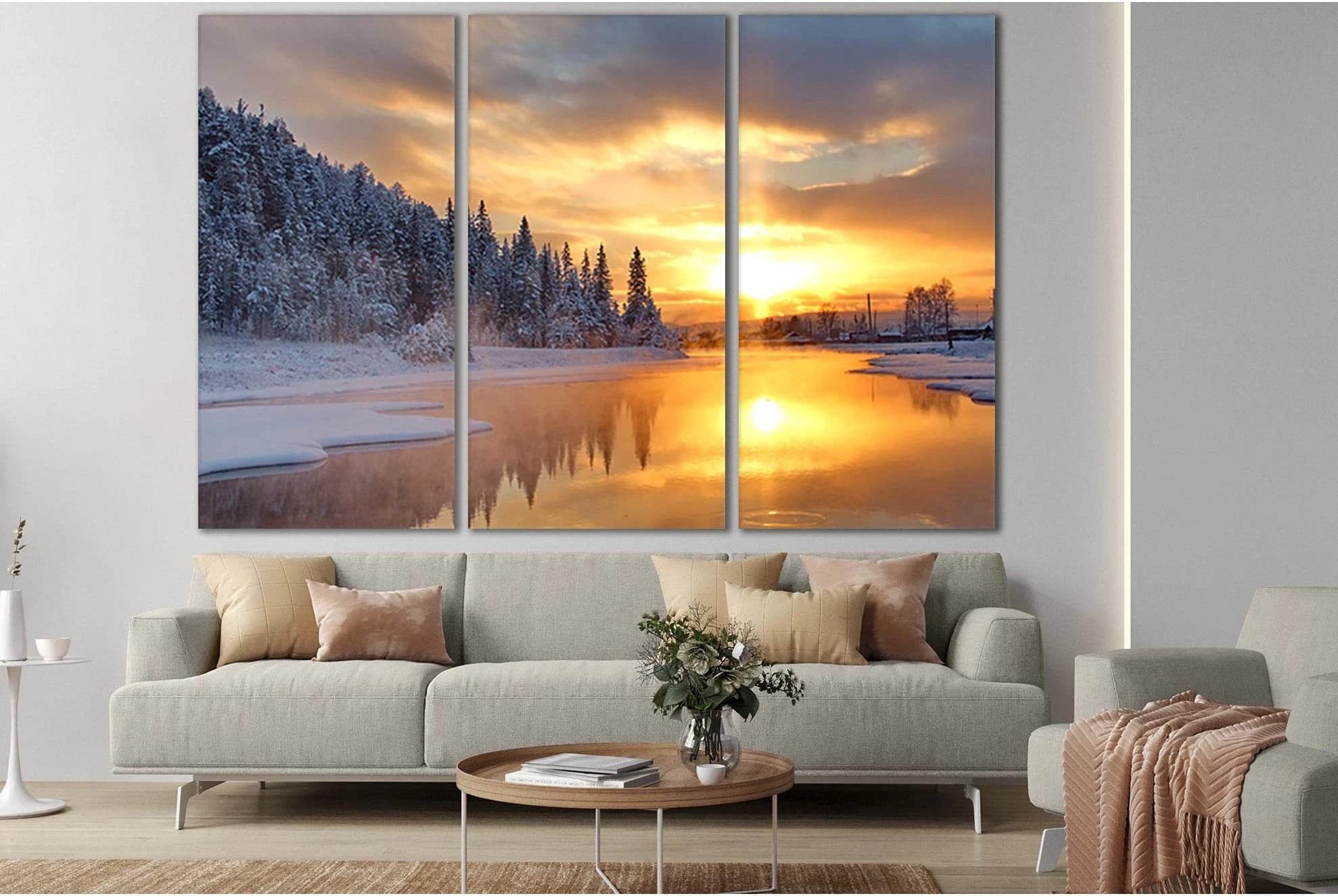 Winter River At Sunset №SL294 Ready to Hang Canvas Print - Zellart Canvas Prints 0new, ALL_Products, SUNRISE & SUNSET WALL ART