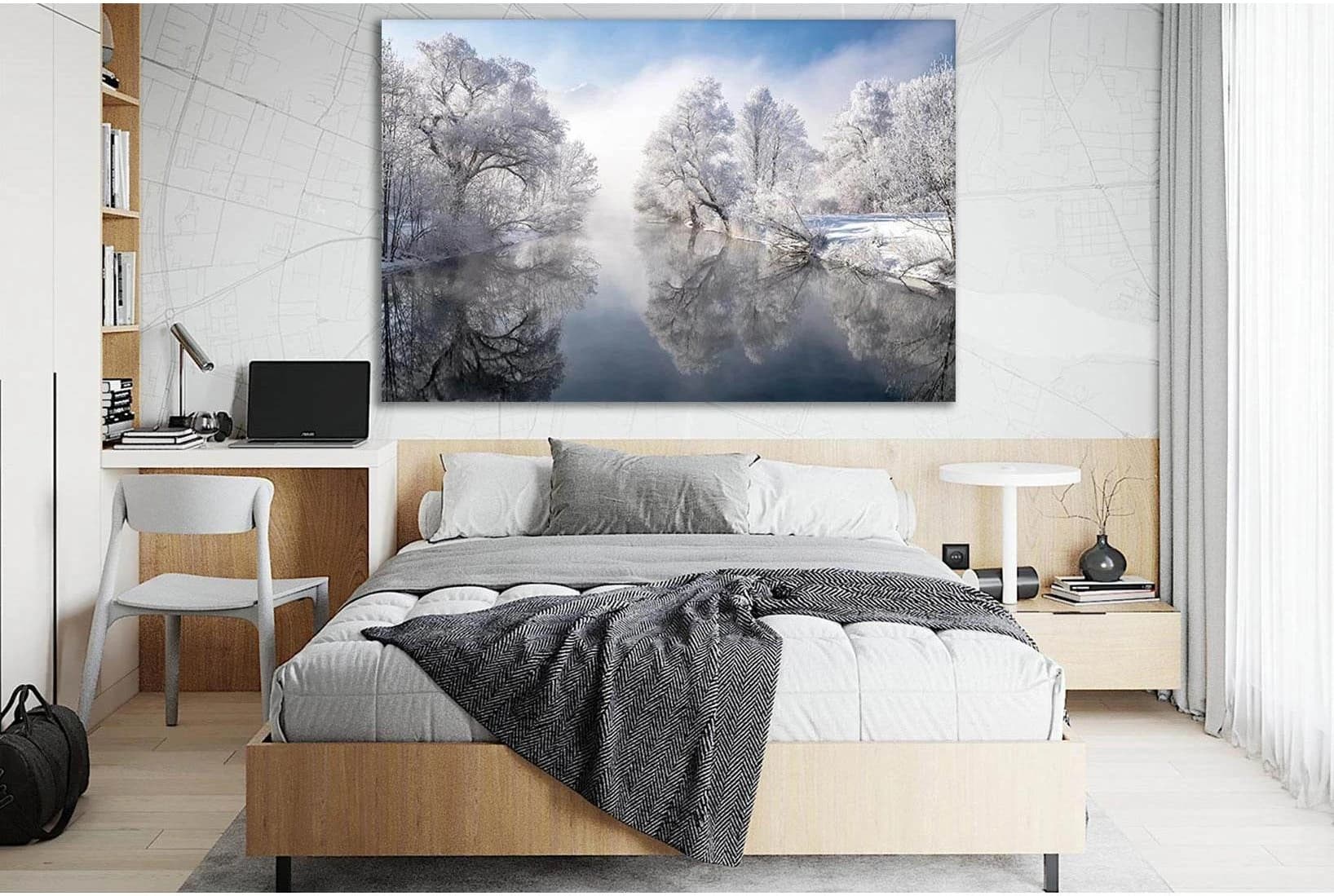 Winter Trees Over The River №SL1078 Ready to Hang Canvas Print - Zellart Canvas Prints 0new, ALL_Products, Trees Wall Art