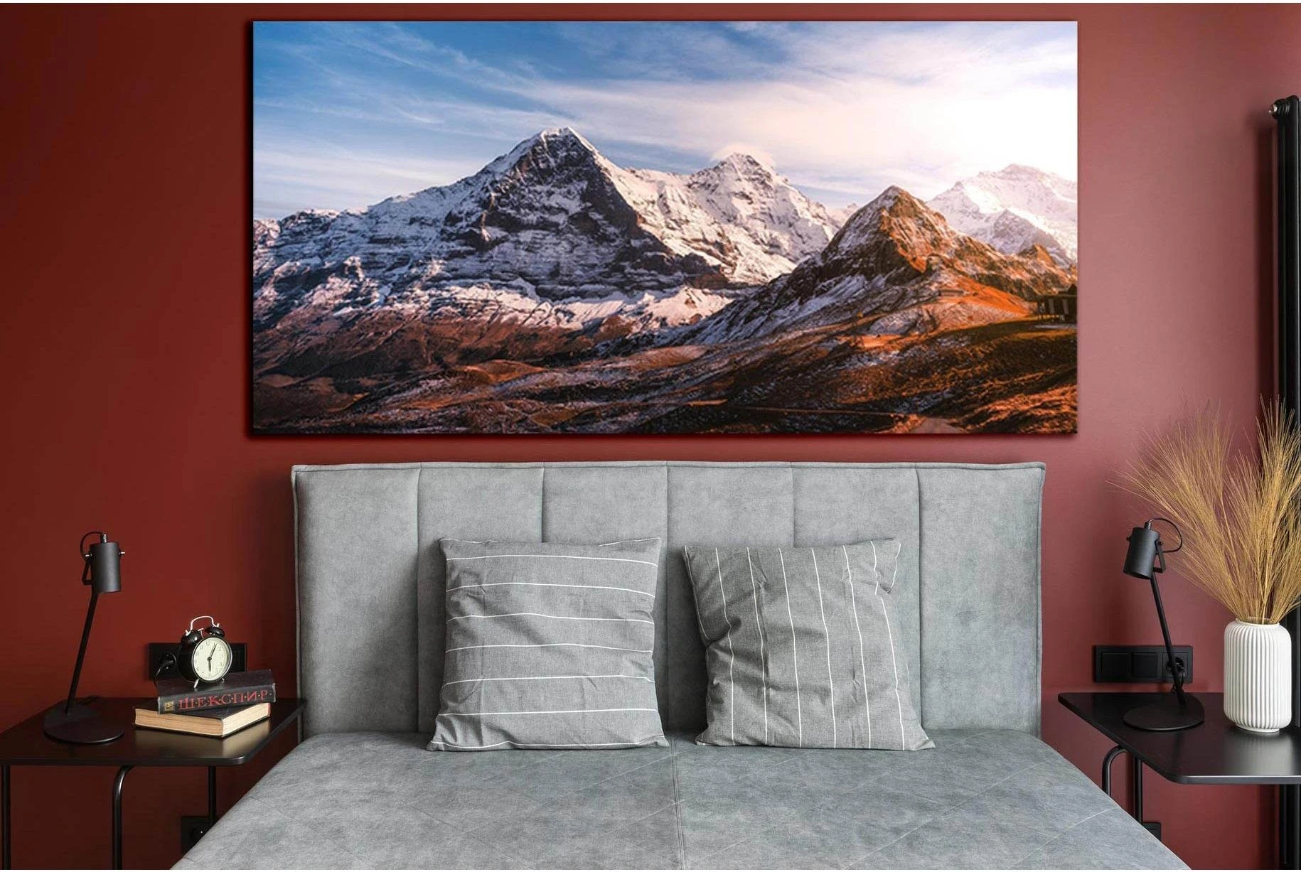 Rustic Mountain Canvas Art: A Panoramic Wall Decor StatementThis canvas print captures the rugged beauty of snow-capped mountains under a serene sky, ideal for adding a natural touch to corporate offices or living room wall decor. The warm tones and textu