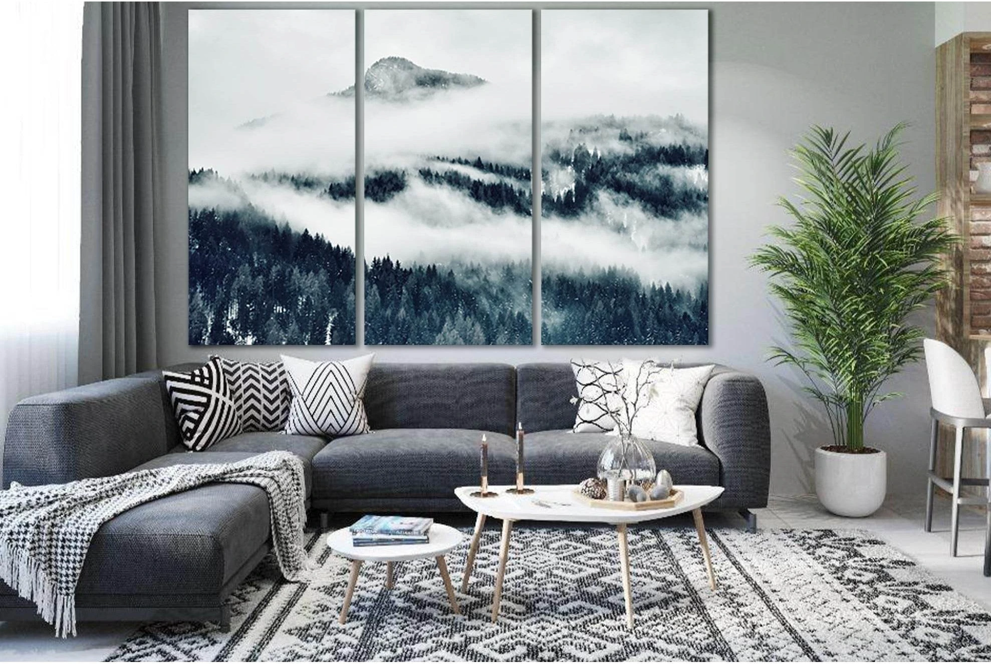 Misty Mountains Canvas Print Triptych With Cloudy Fog chosen as soft nature backups for soft mist and bedroom-friendly contrast.