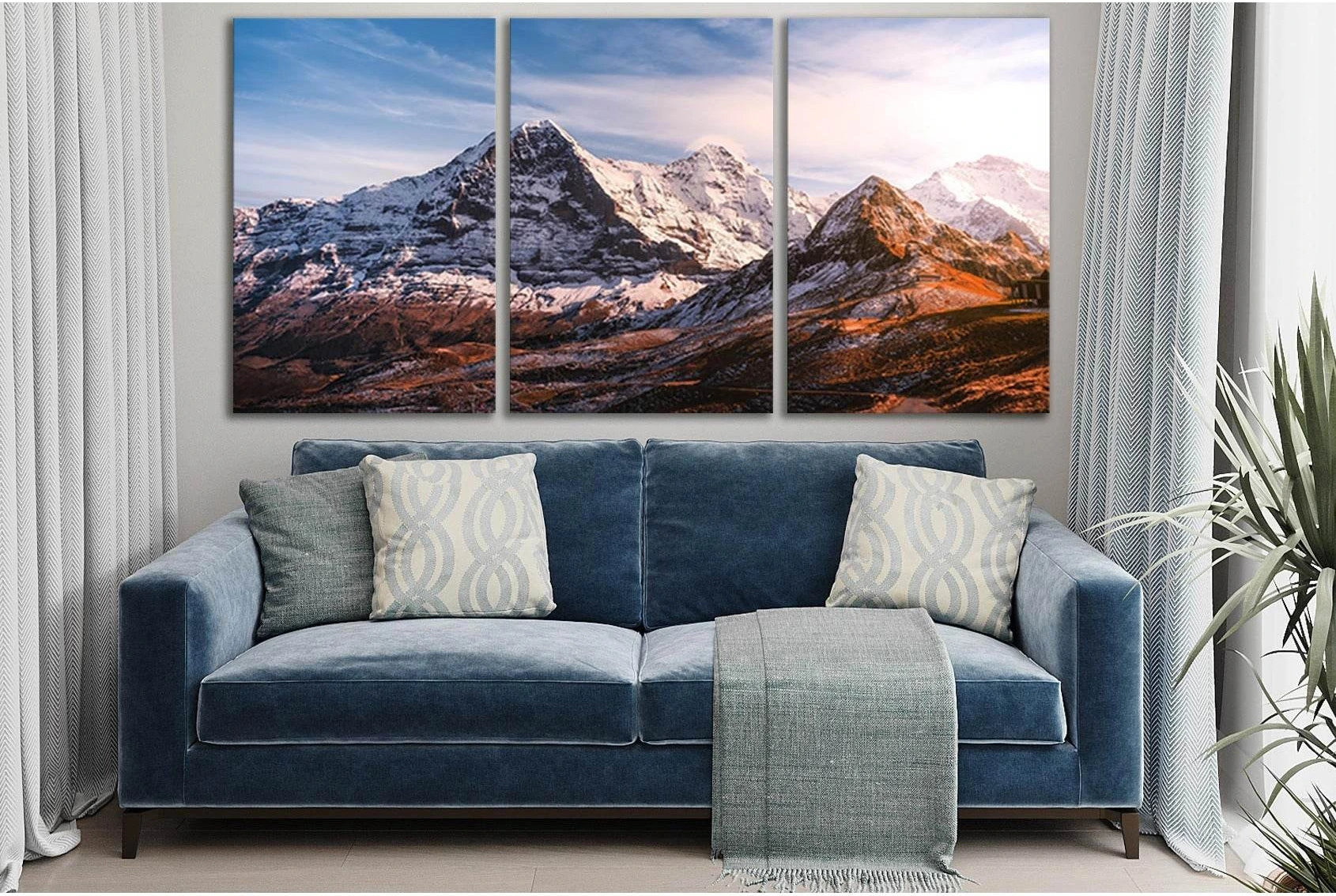 Rustic Mountain Canvas Art: A Panoramic Wall Decor StatementThis canvas print captures the rugged beauty of snow-capped mountains under a serene sky, ideal for adding a natural touch to corporate offices or living room wall decor. The warm tones and textu
