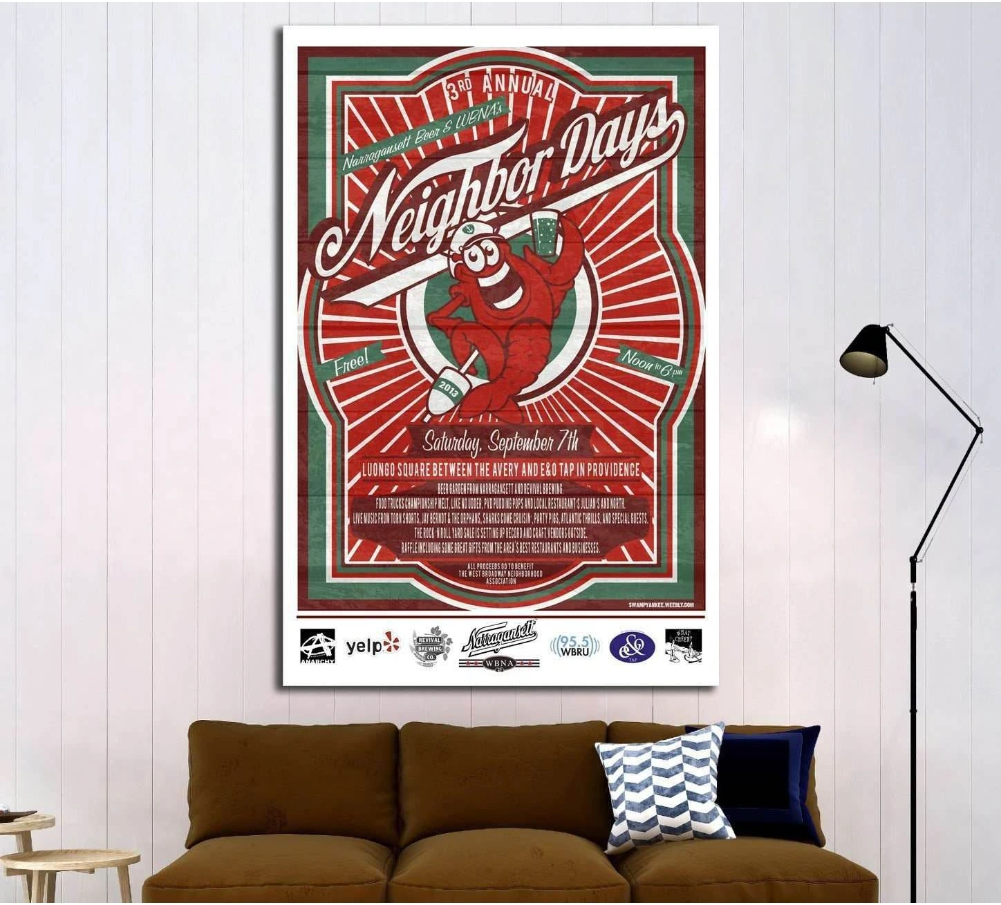 Retro Neighbor Days crawfish festival poster canvas print above sofa in a mid-century living room
