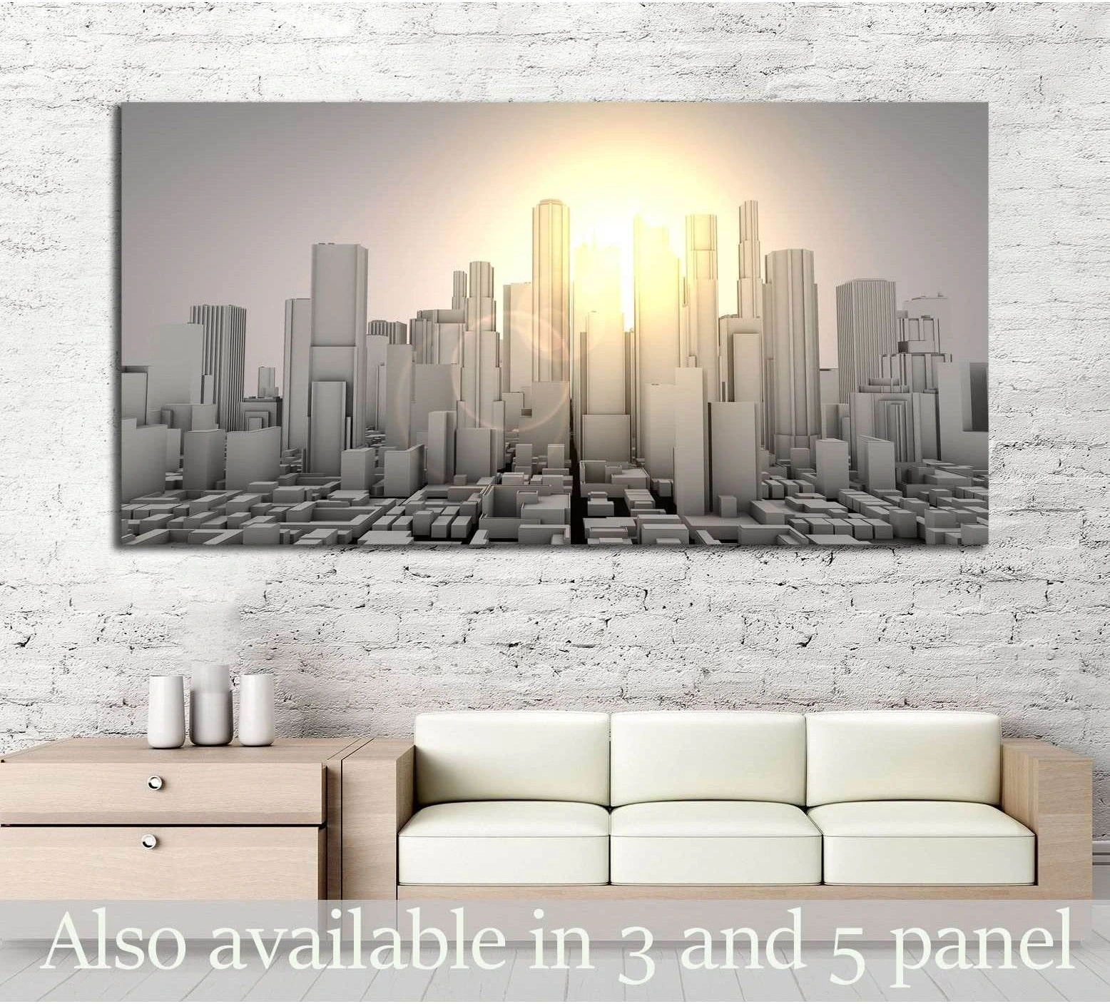 Gray 3D city skyline canvas print with glowing sunrise above a sofa in a modern living room
