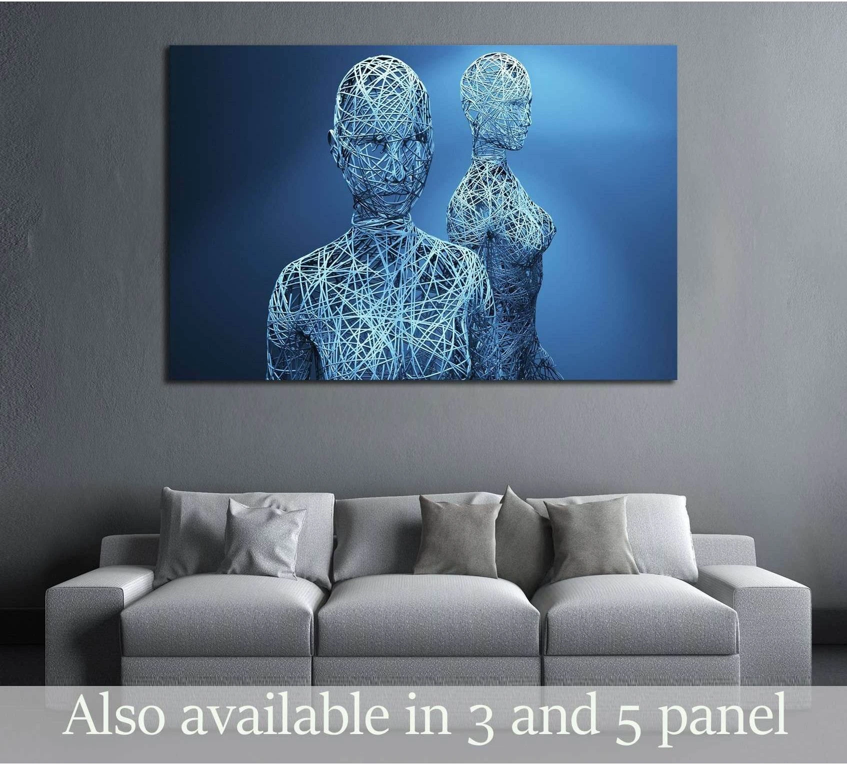Blue wireframe female figures abstract canvas print hung above a sofa in a modern living room