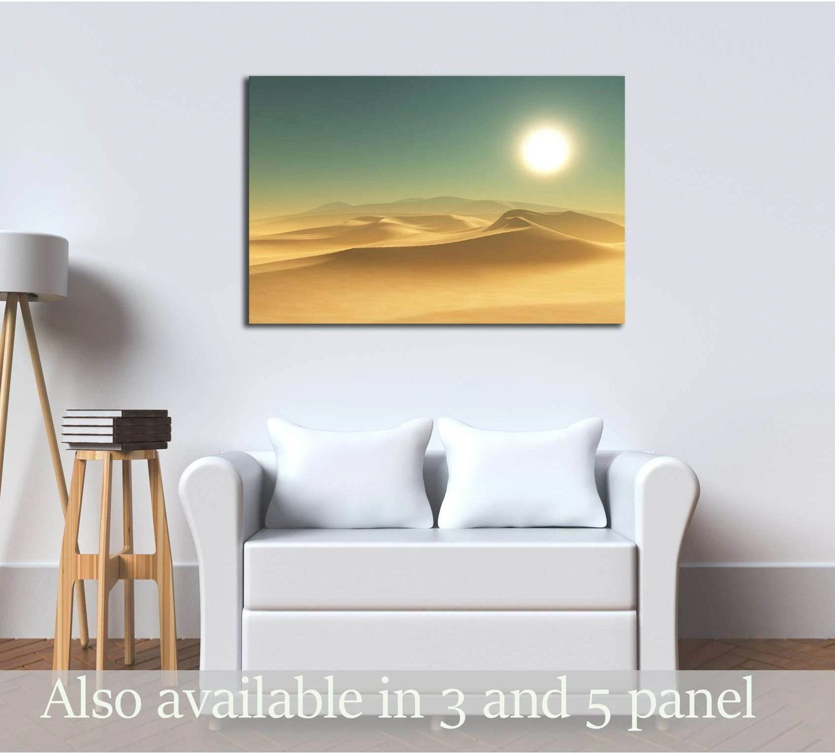 Sunlit desert dunes canvas print above a white sofa in a modern neutral living room