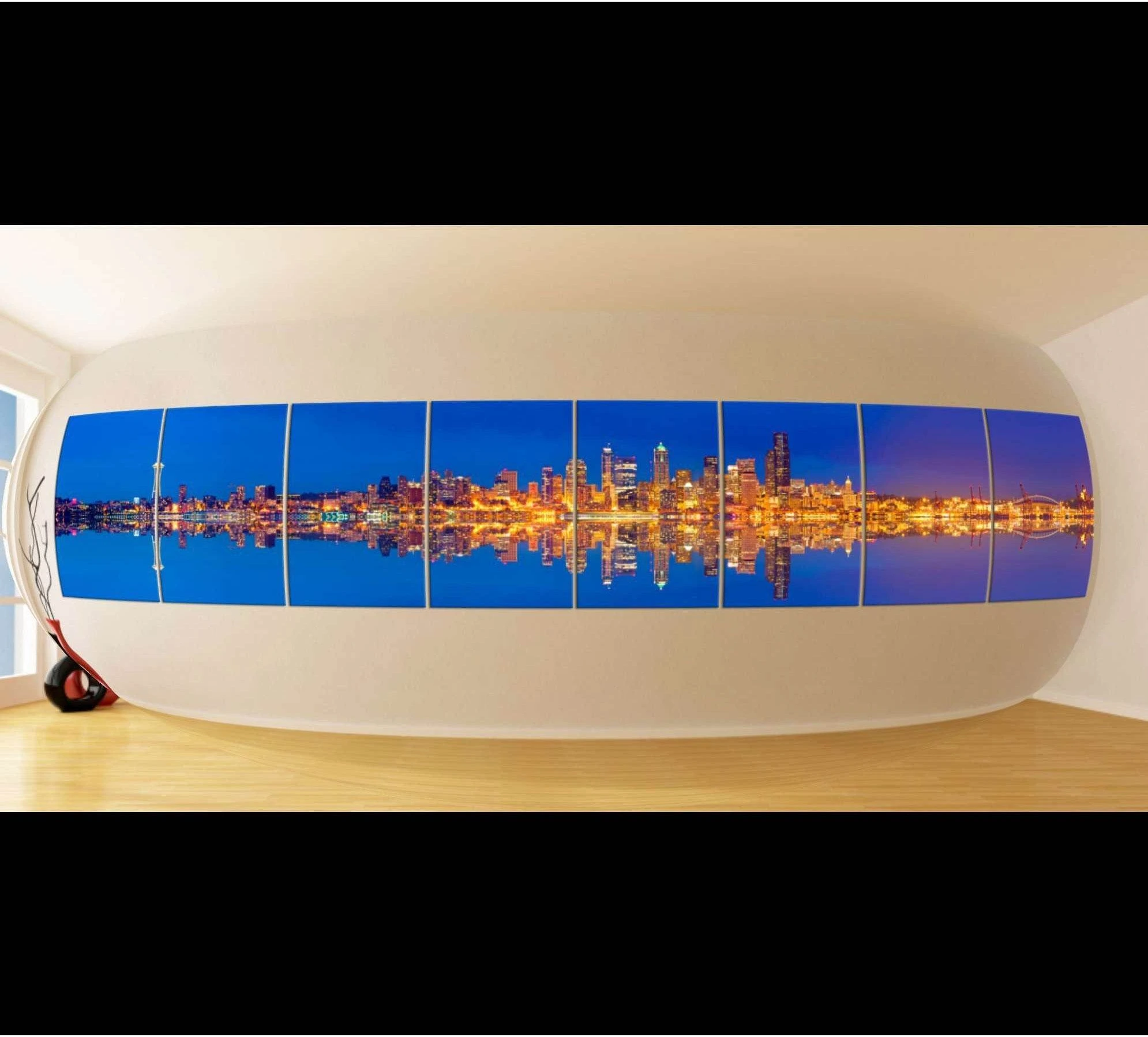 Seattle skyline night canvas print in 8 panels with blue sky and golden water reflections