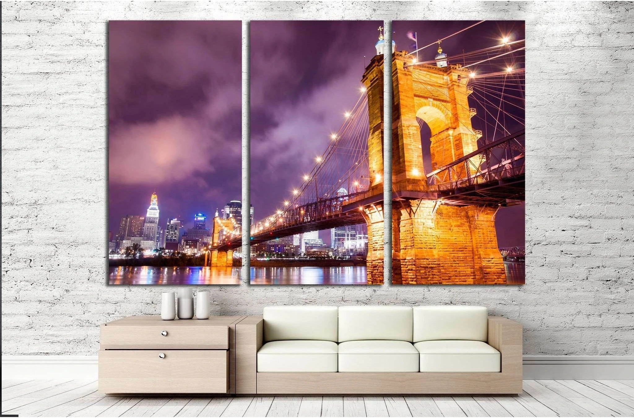 A beautiful aged bridge by the Cincinnati skyline №1673 Ready to Hang Canvas Print - Zellart Canvas Prints ALL_Products, s-1673