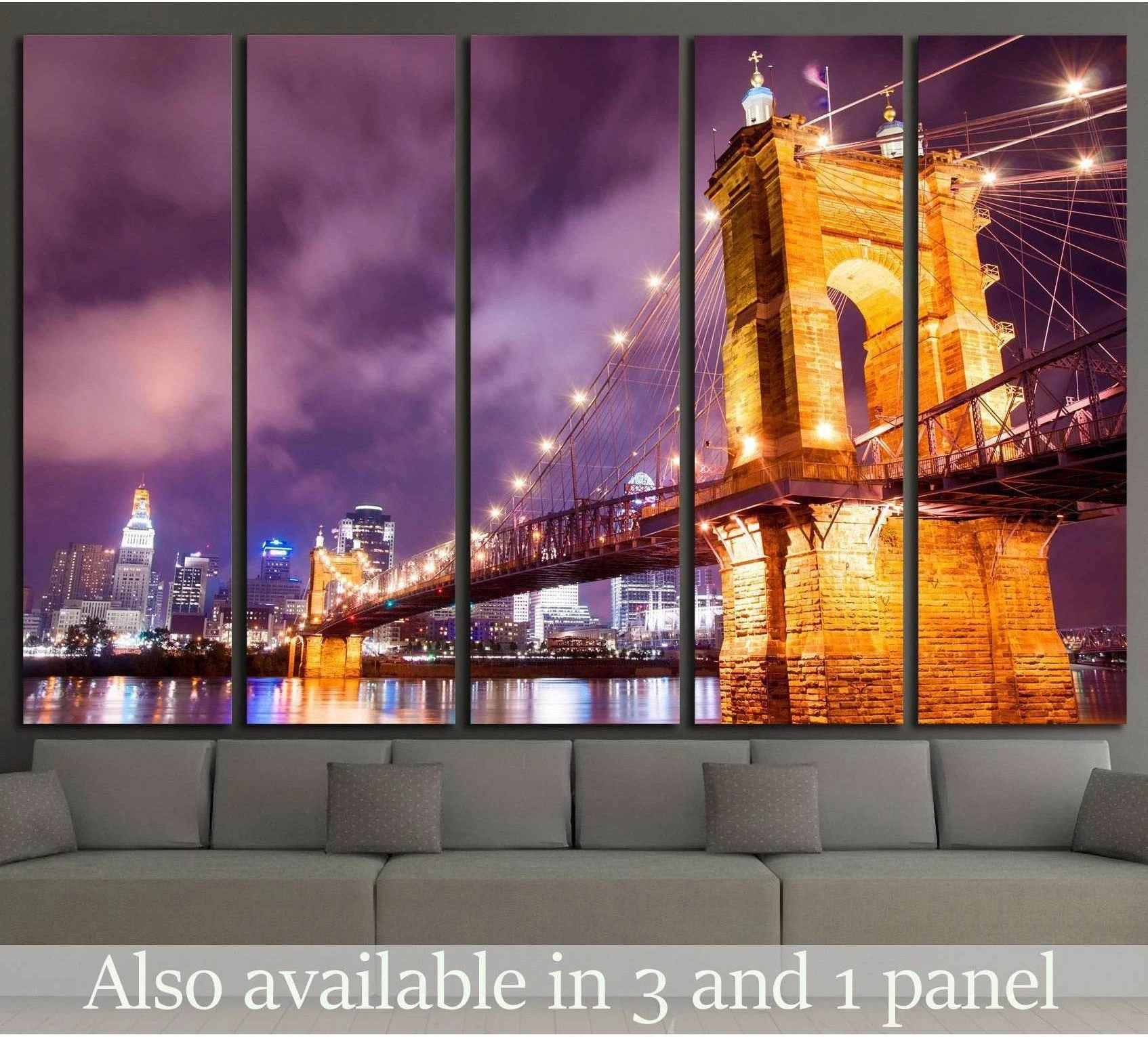 Cincinnati skyline canvas print with glowing suspension bridge over the river at night in a five-panel layout