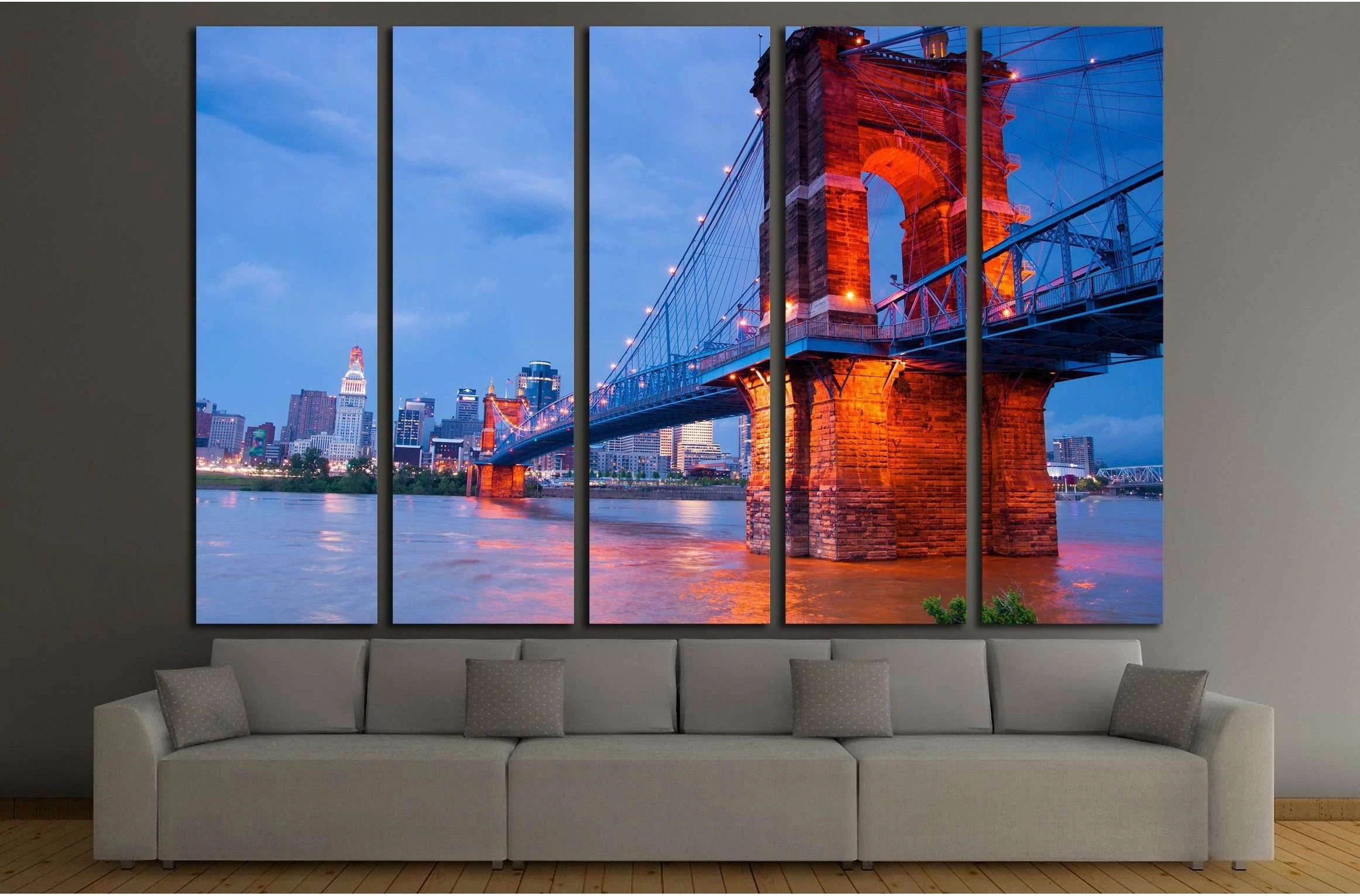 A beautiful aged bridge by the Cincinnati skyline №2240 Ready to Hang Canvas Print - Zellart Canvas Prints ALL_Products, s-2240