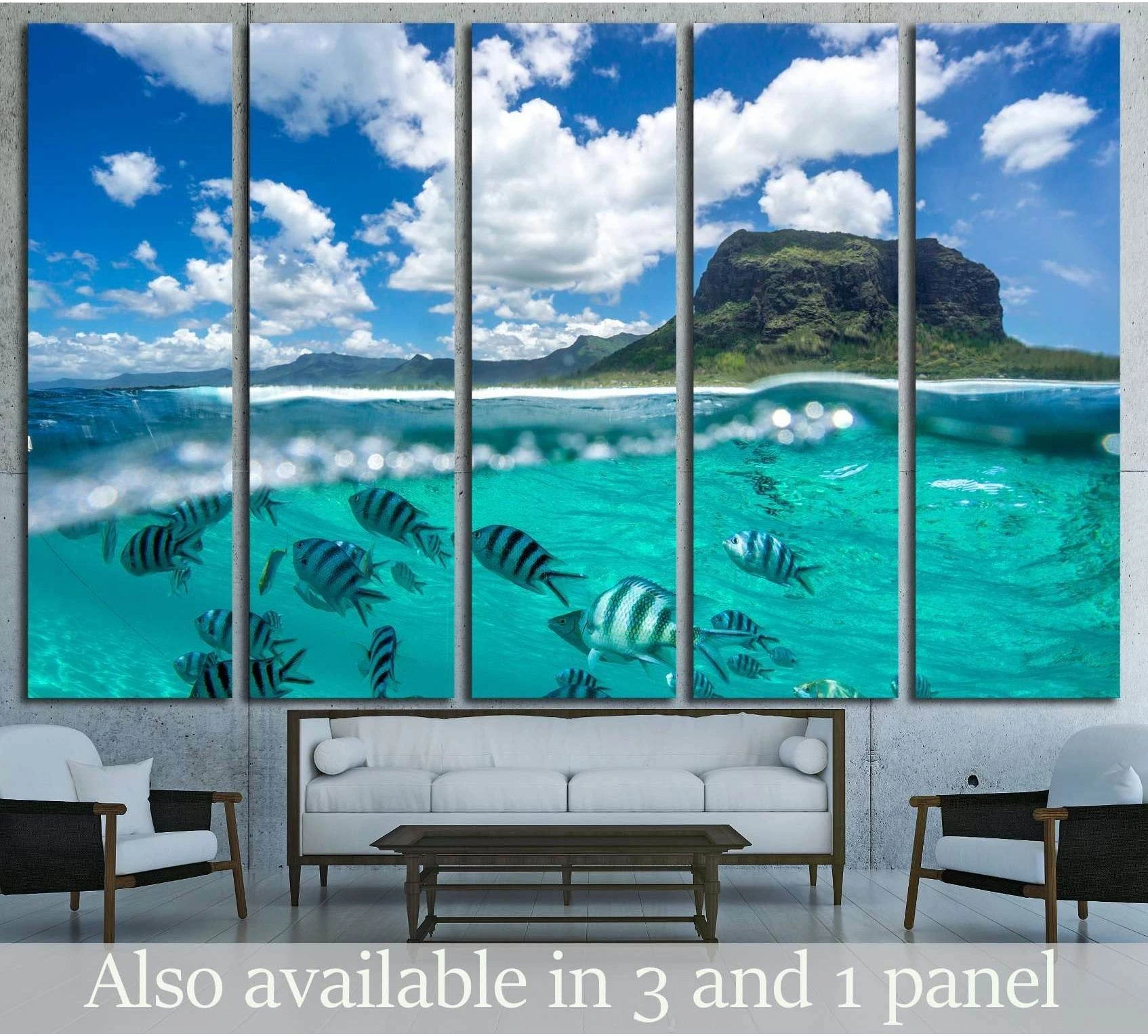 a beautiful mountain and clouds from the ocean showing blue ocean wall art with water and coastal depth.